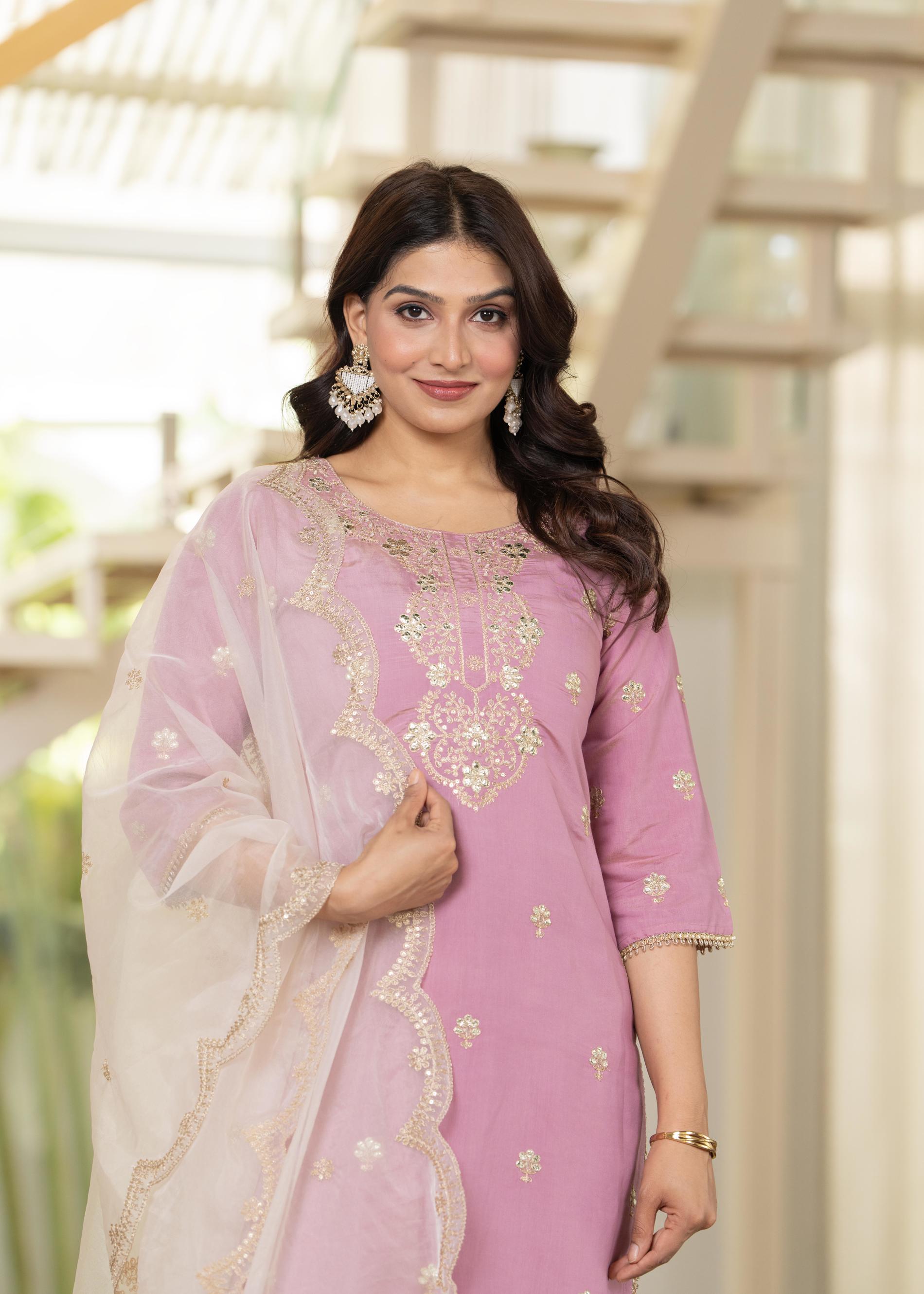 Juniper Pastel Pink Embroidered Kurta Set With Ivory Sharara And Dupatta