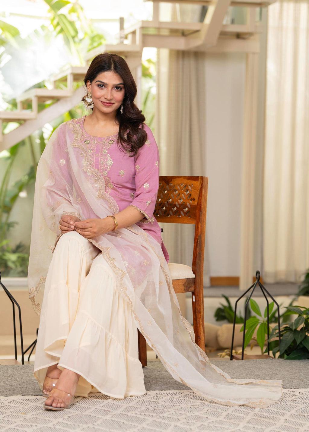 Juniper Pastel Pink Embroidered Kurta Set With Ivory Sharara And Dupatta
