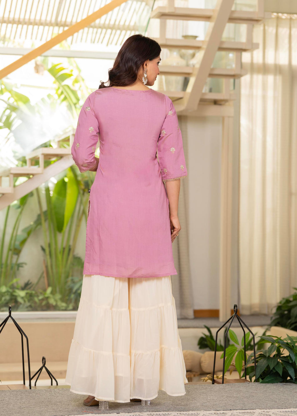 Juniper Pastel Pink Embroidered Kurta Set With Ivory Sharara And Dupatta