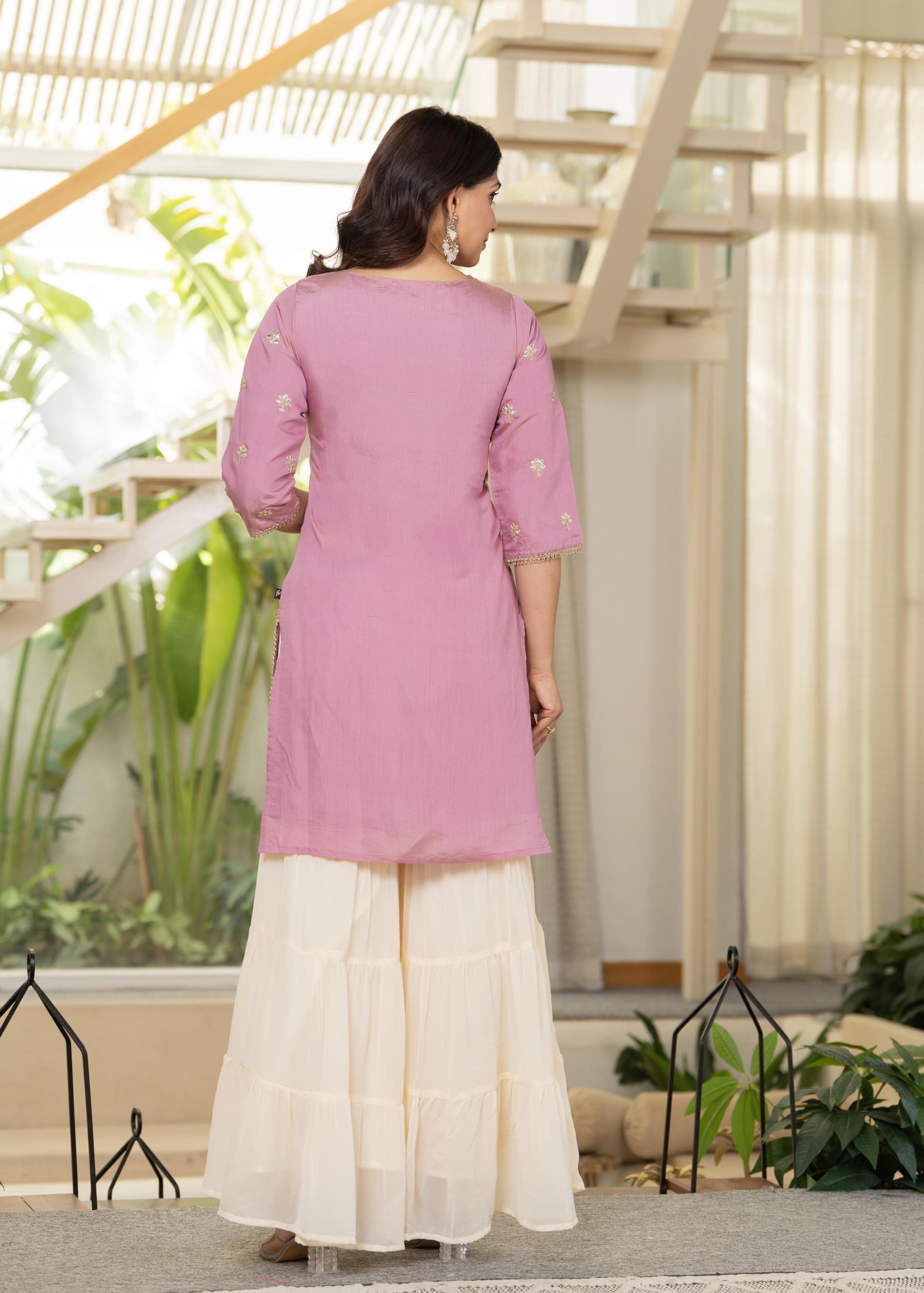 Juniper Pastel Pink Embroidered Kurta Set With Ivory Sharara And Dupatta