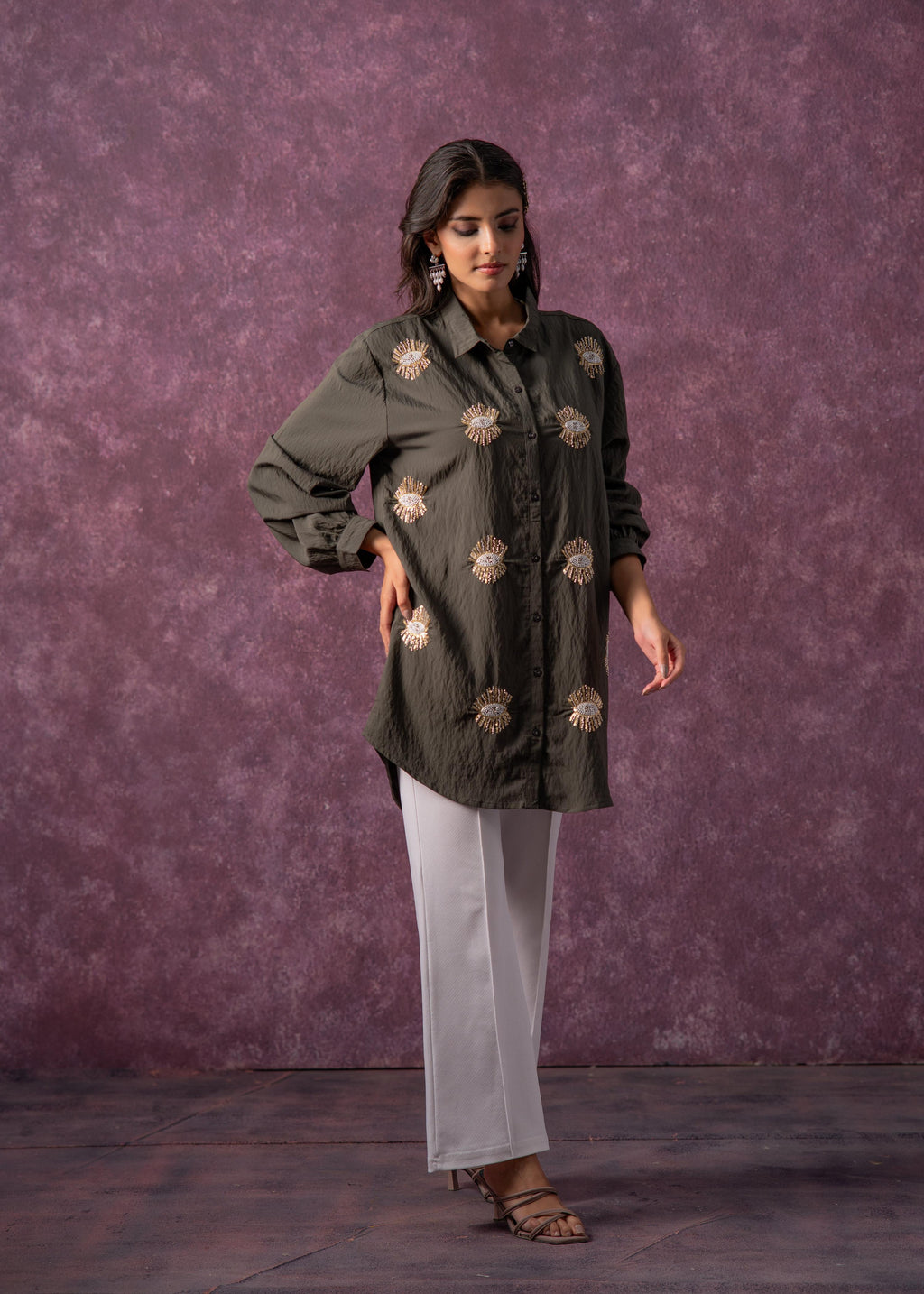 Juniper Olive Green Embellished Shirt Tunic With Beaded Eye Motifs