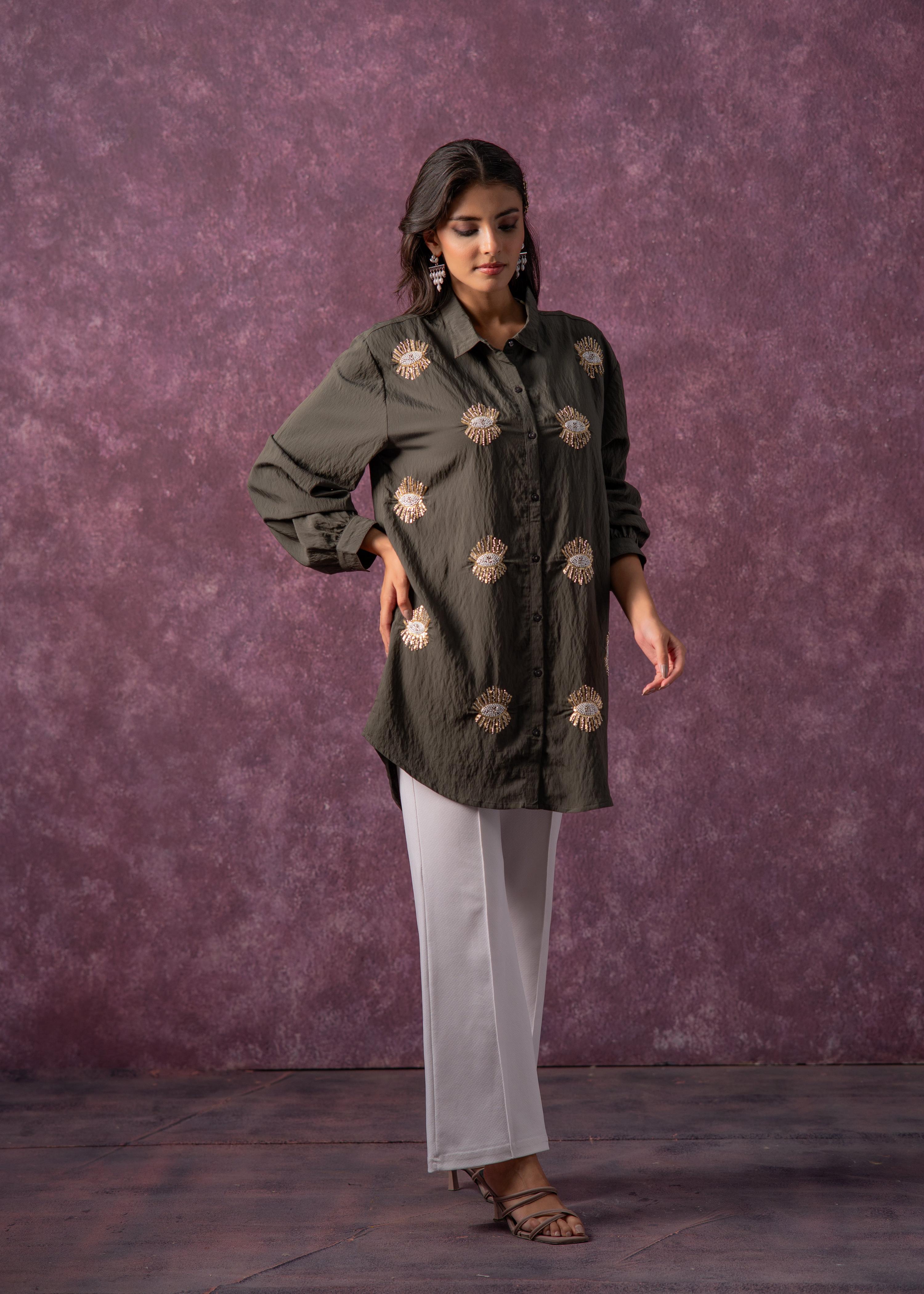 Juniper Olive Green Embellished Shirt Tunic With Beaded Eye Motifs