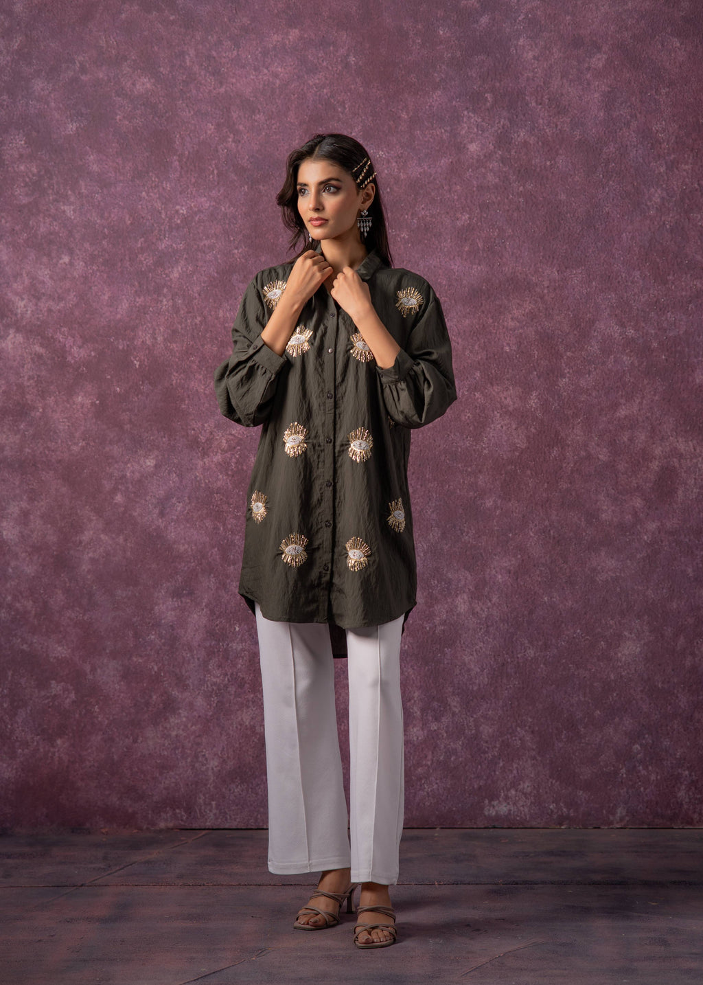 Juniper Olive Green Embellished Shirt Tunic With Beaded Eye Motifs
