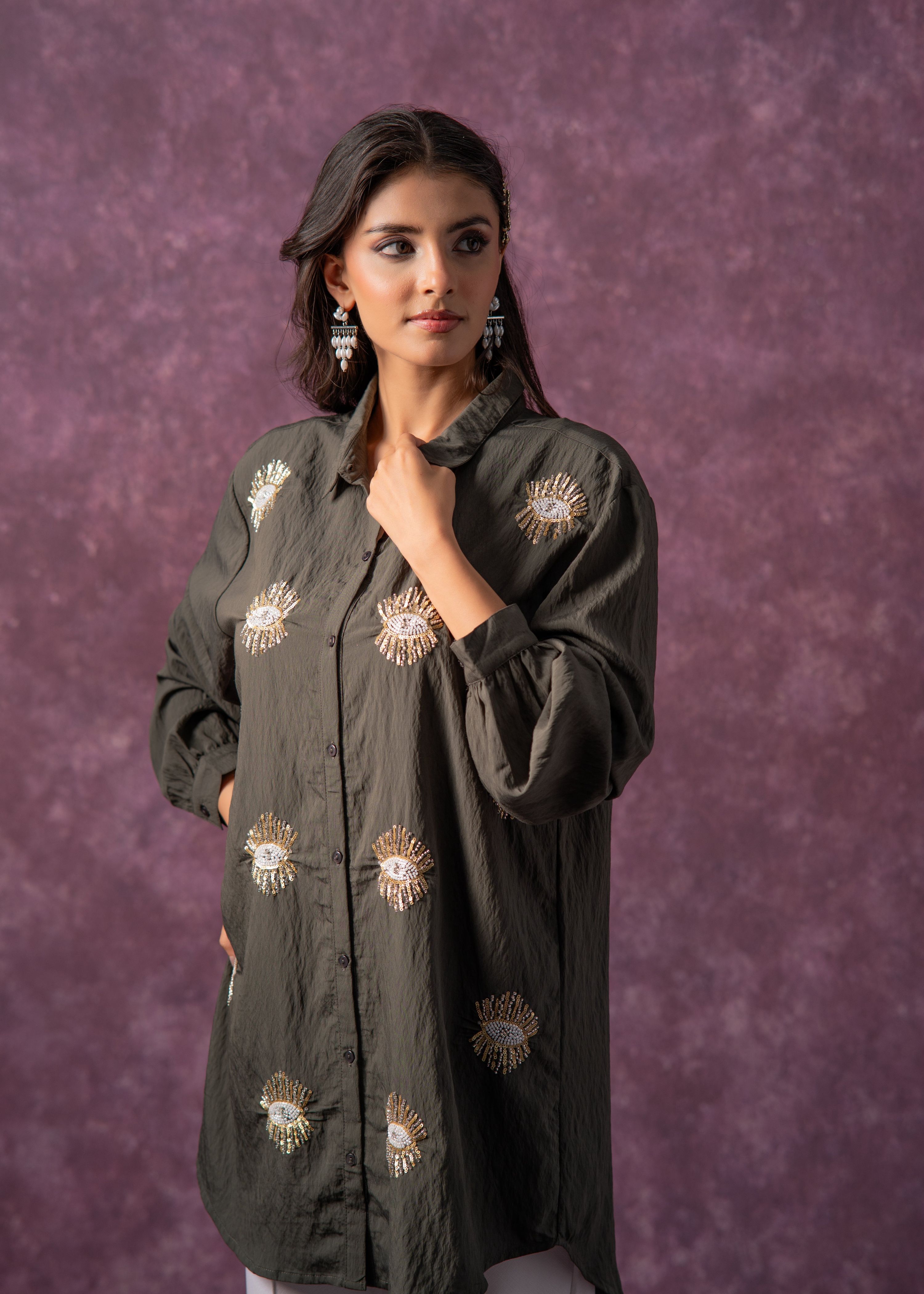 Juniper Olive Green Embellished Shirt Tunic With Beaded Eye Motifs