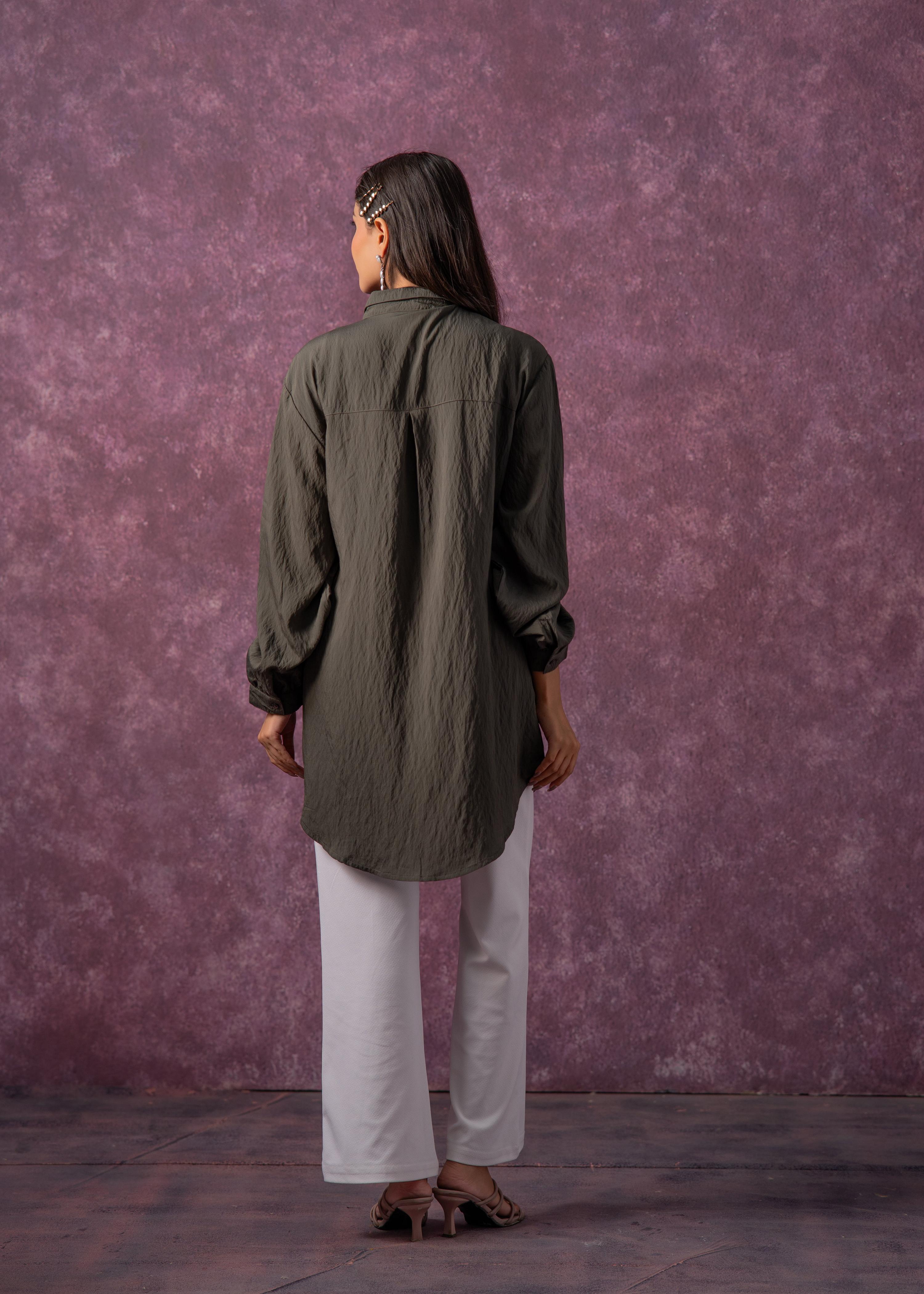 Juniper Olive Green Embellished Shirt Tunic With Beaded Eye Motifs