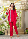 Juniper Red Embroidered V-Neck Co-Ord Set With Straight Pants