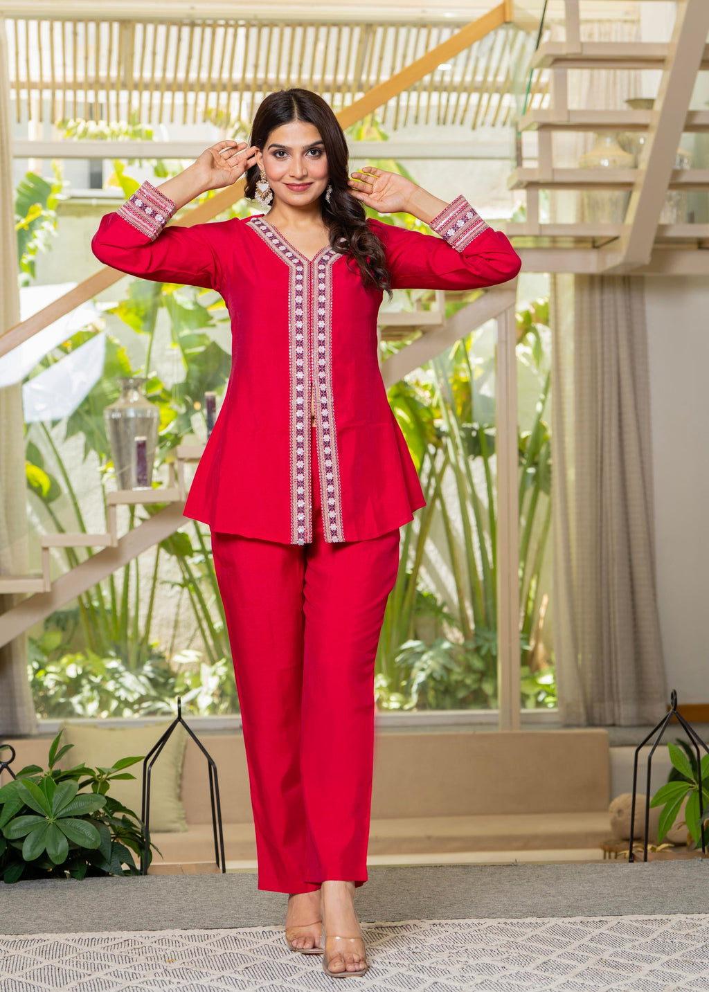 Juniper Red Embroidered V-Neck Co-Ord Set With Straight Pants