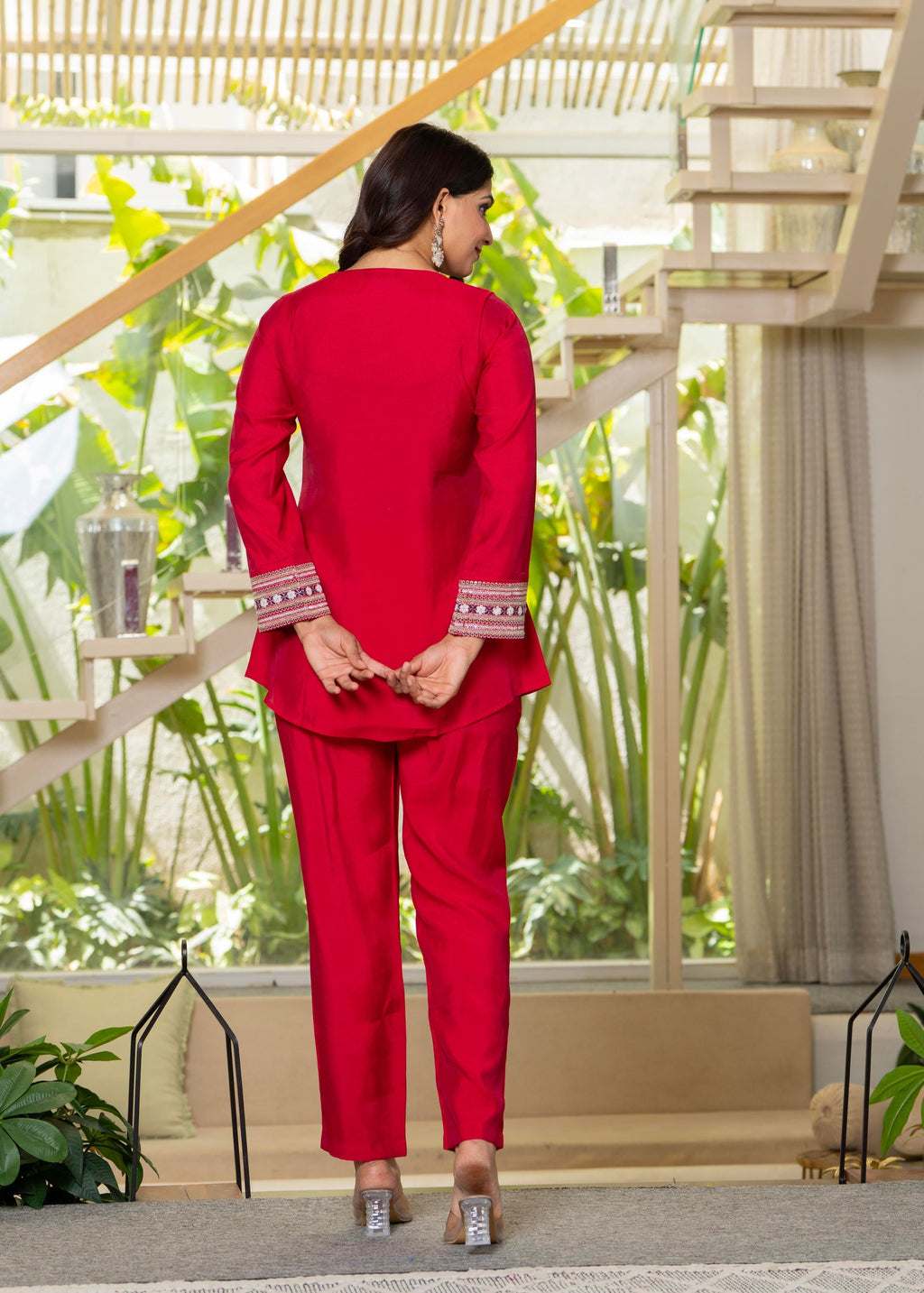 Juniper Red Embroidered V-Neck Co-Ord Set With Straight Pants