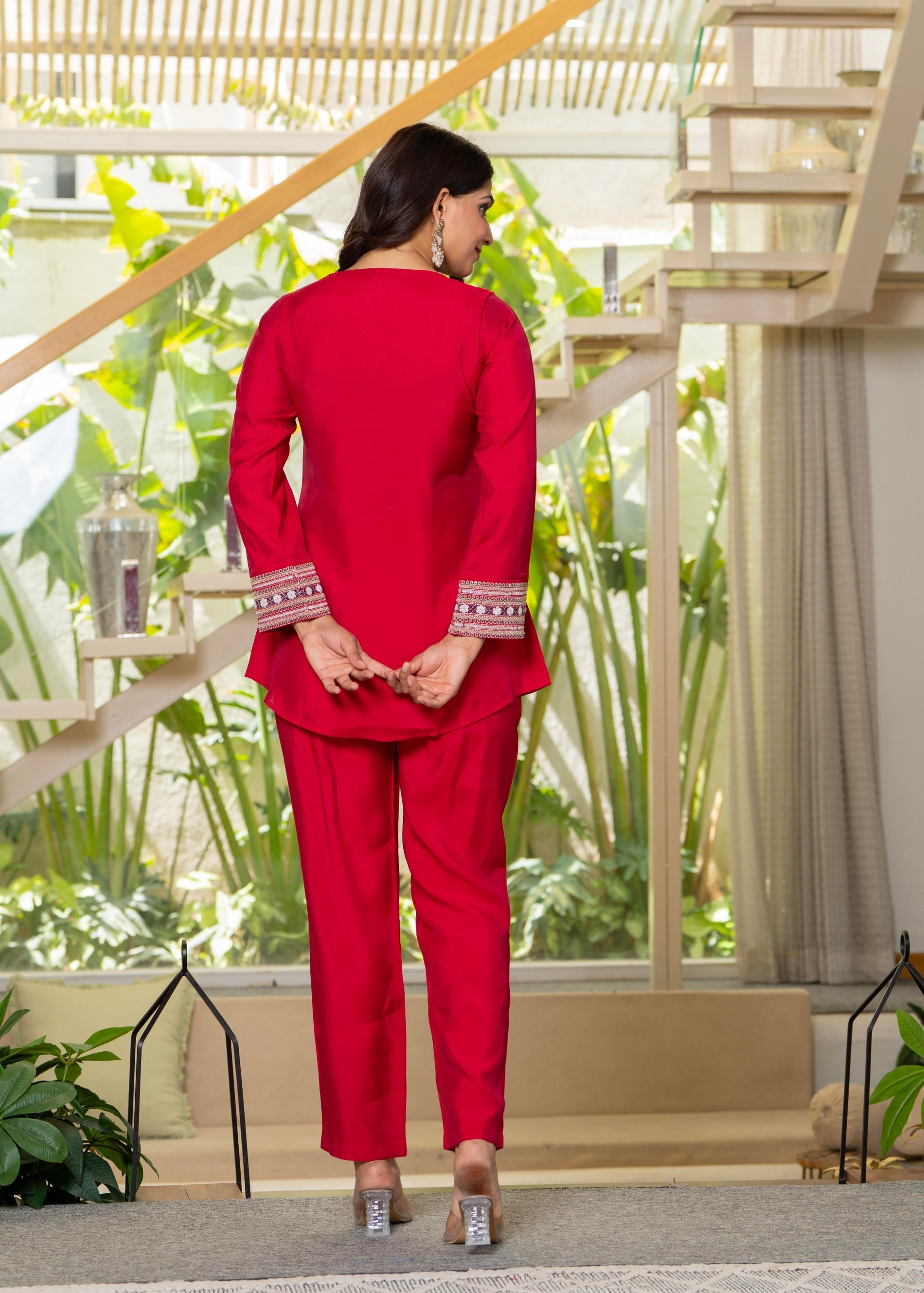 Juniper Red Embroidered V-Neck Co-Ord Set With Straight Pants