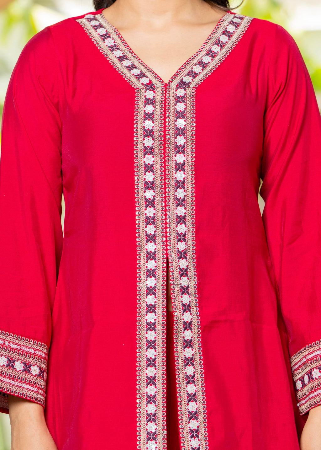 Juniper Red Embroidered V-Neck Co-Ord Set With Straight Pants