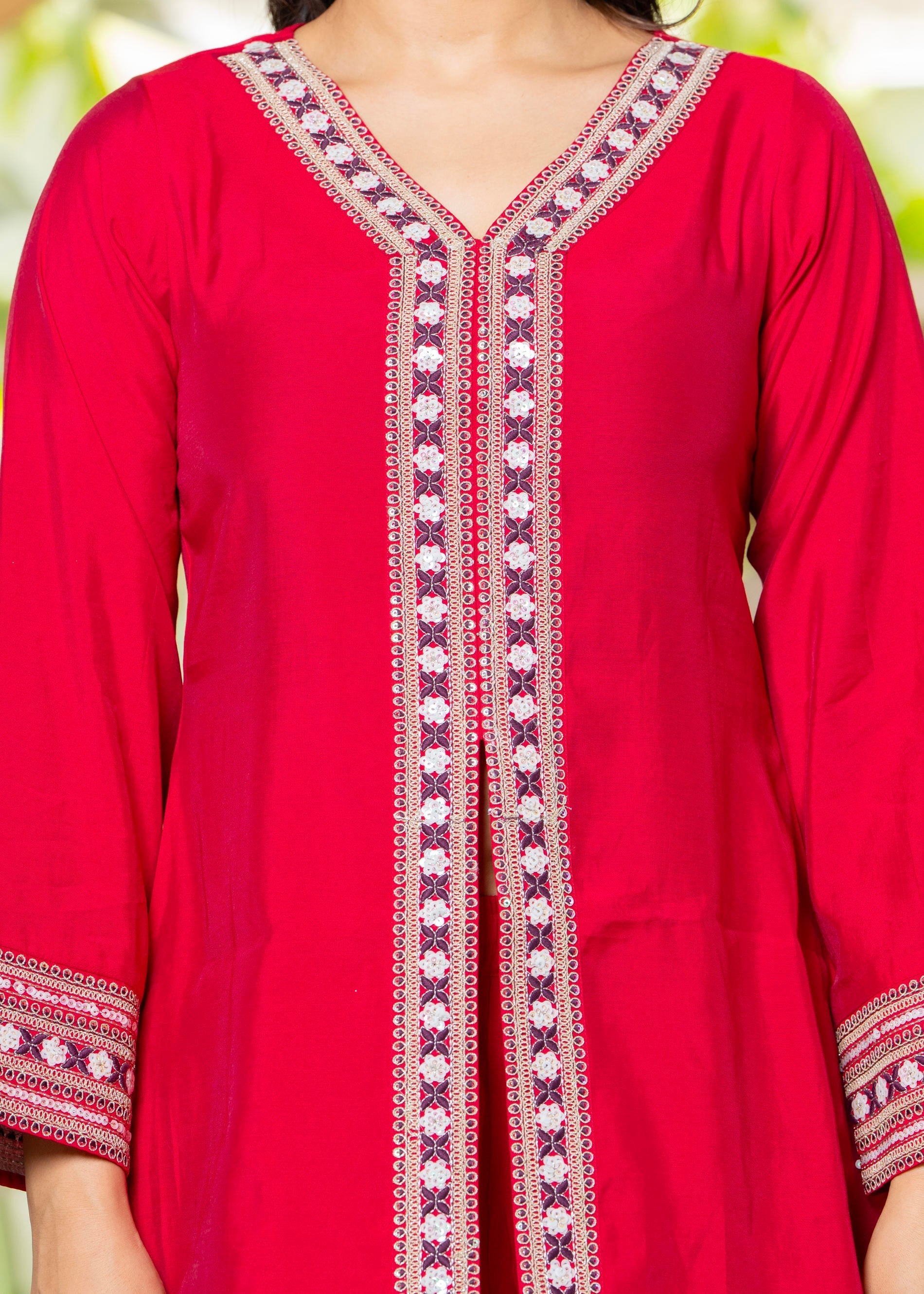 Juniper Red Embroidered V-Neck Co-Ord Set With Straight Pants