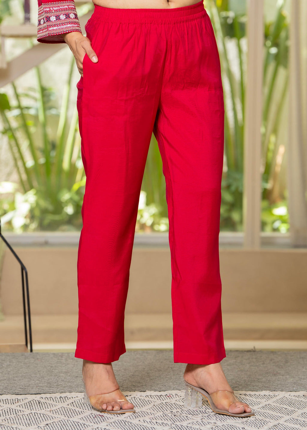 Juniper Red Embroidered V-Neck Co-Ord Set With Straight Pants