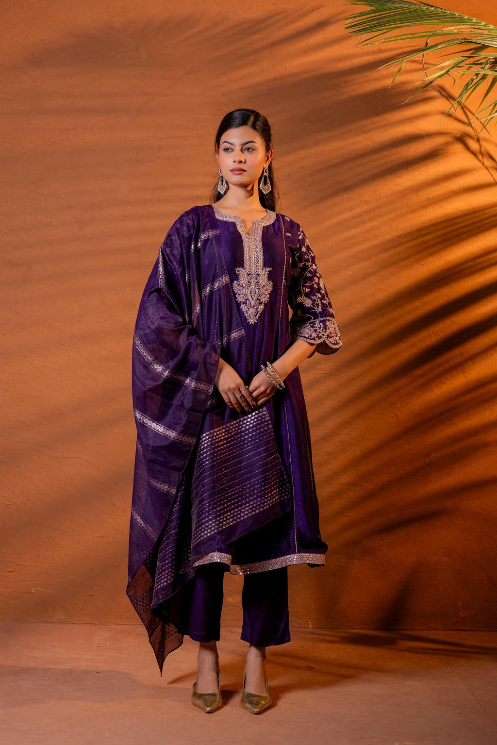Juniper Purple Manmade Fiber Flared Kurta Pant And Dupatta Set With Zari, Mirror, Thread & Sequin Work