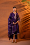 Juniper Purple Manmade Fiber Flared Kurta Pant And Dupatta Set With Zari, Mirror, Thread & Sequin Work