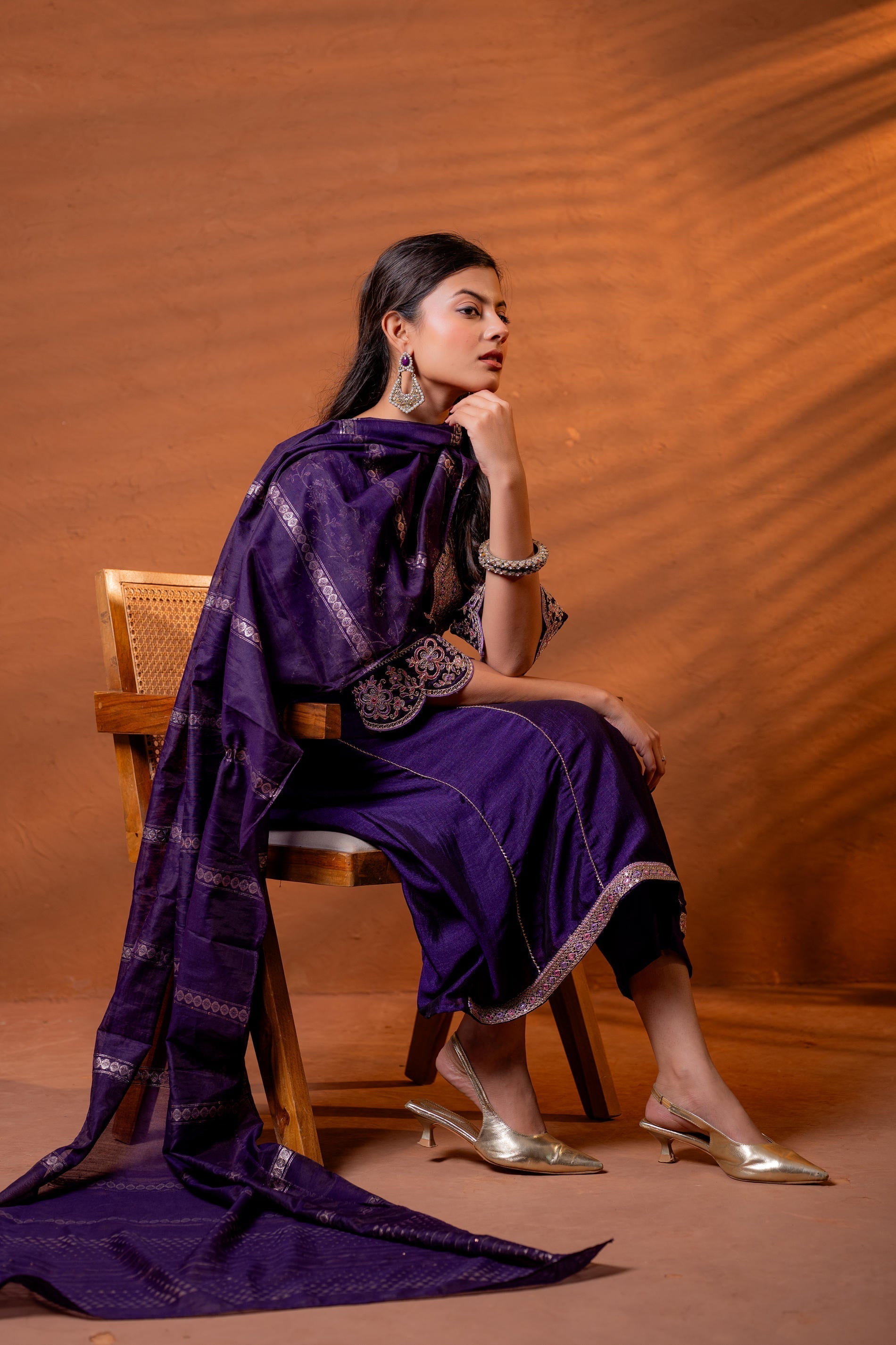 Juniper Purple Manmade Fiber Flared Kurta Pant And Dupatta Set With Zari, Mirror, Thread & Sequin Work