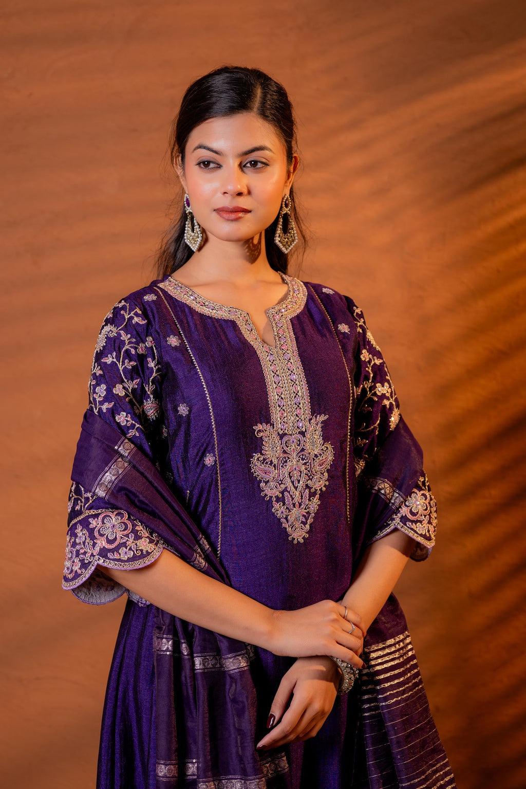 Juniper Purple Manmade Fiber Flared Kurta Pant And Dupatta Set With Zari, Mirror, Thread & Sequin Work