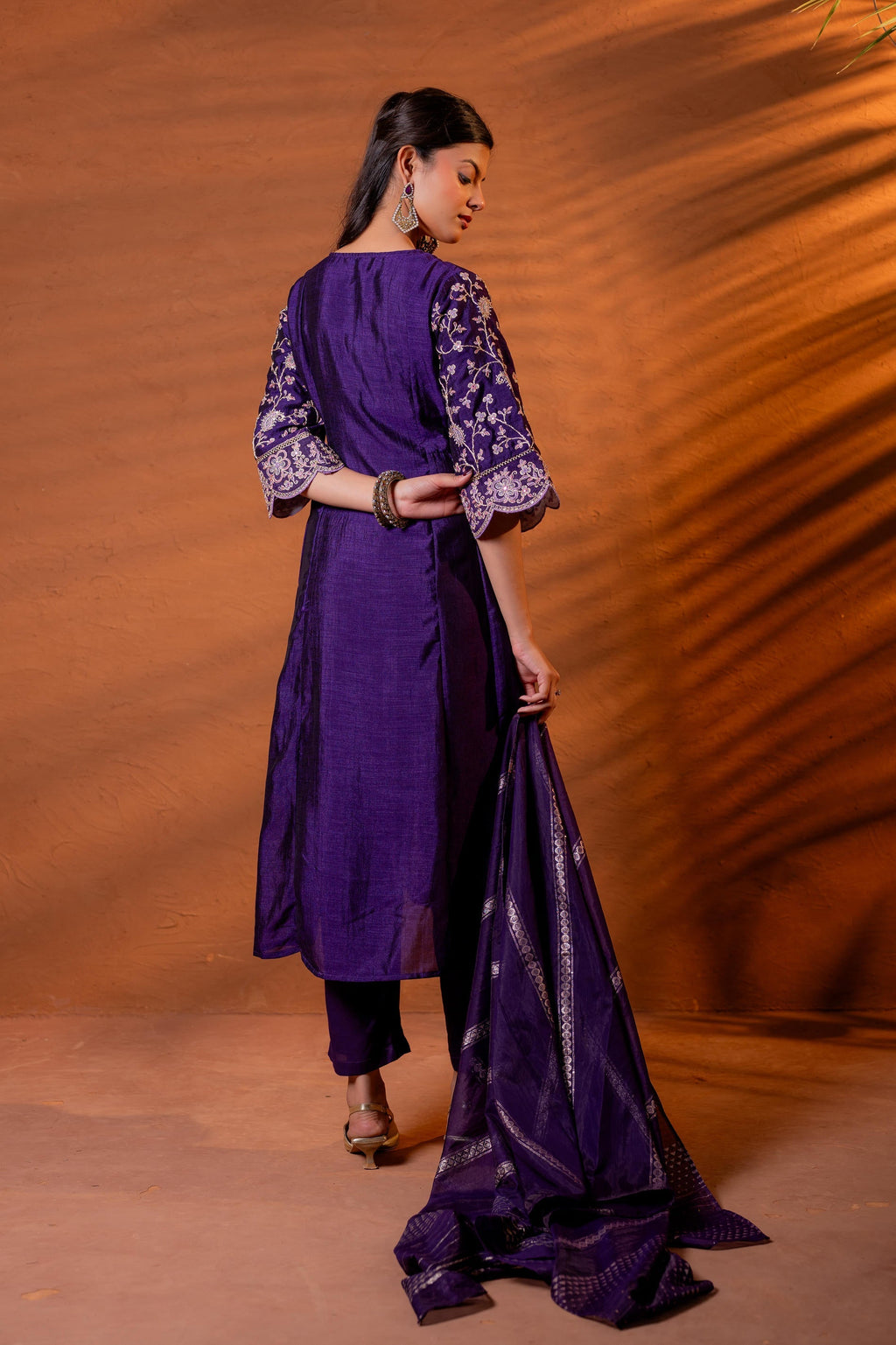 Juniper Purple Manmade Fiber Flared Kurta Pant And Dupatta Set With Zari, Mirror, Thread & Sequin Work