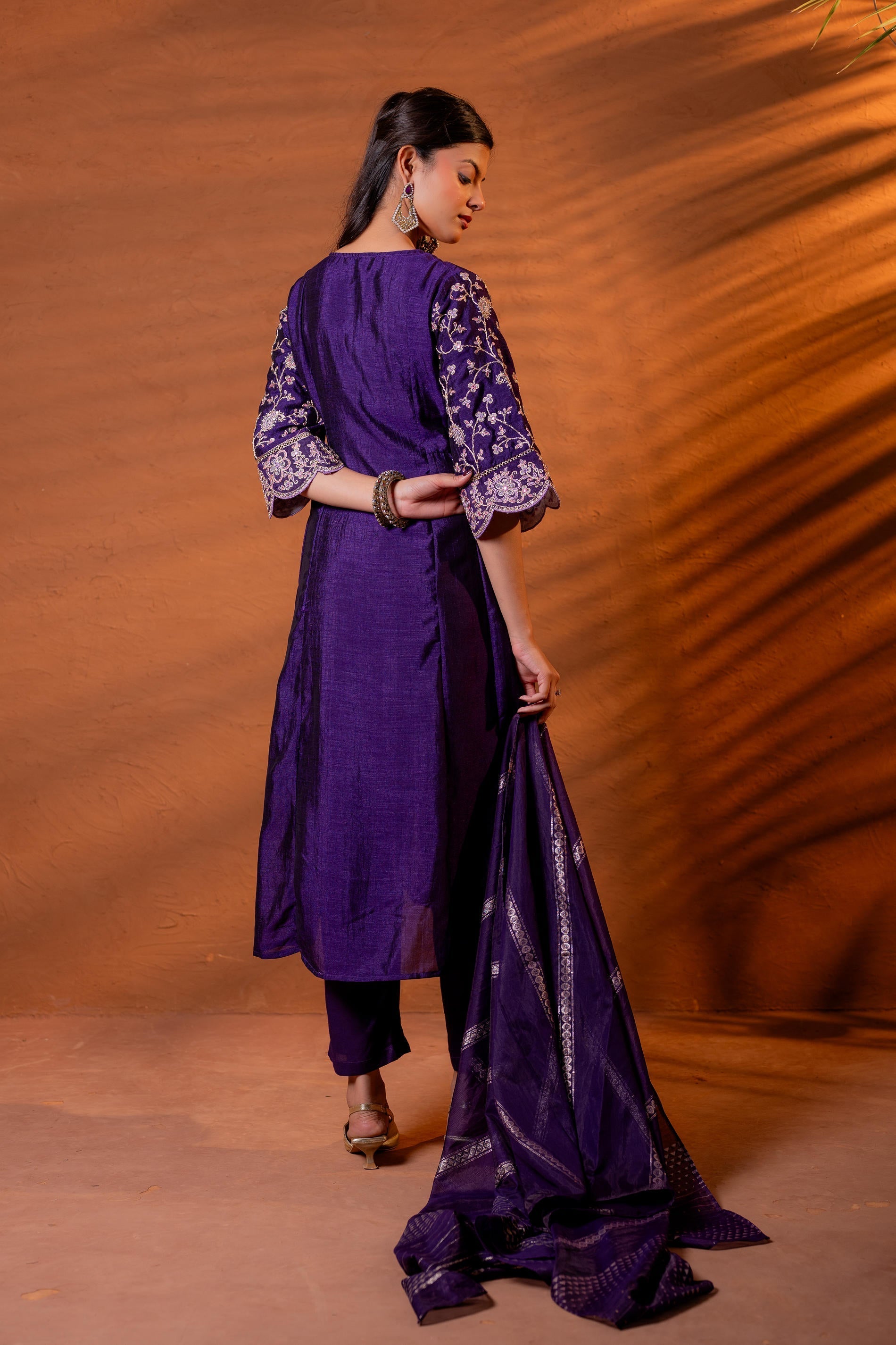 Juniper Purple Manmade Fiber Flared Kurta Pant And Dupatta Set With Zari, Mirror, Thread & Sequin Work