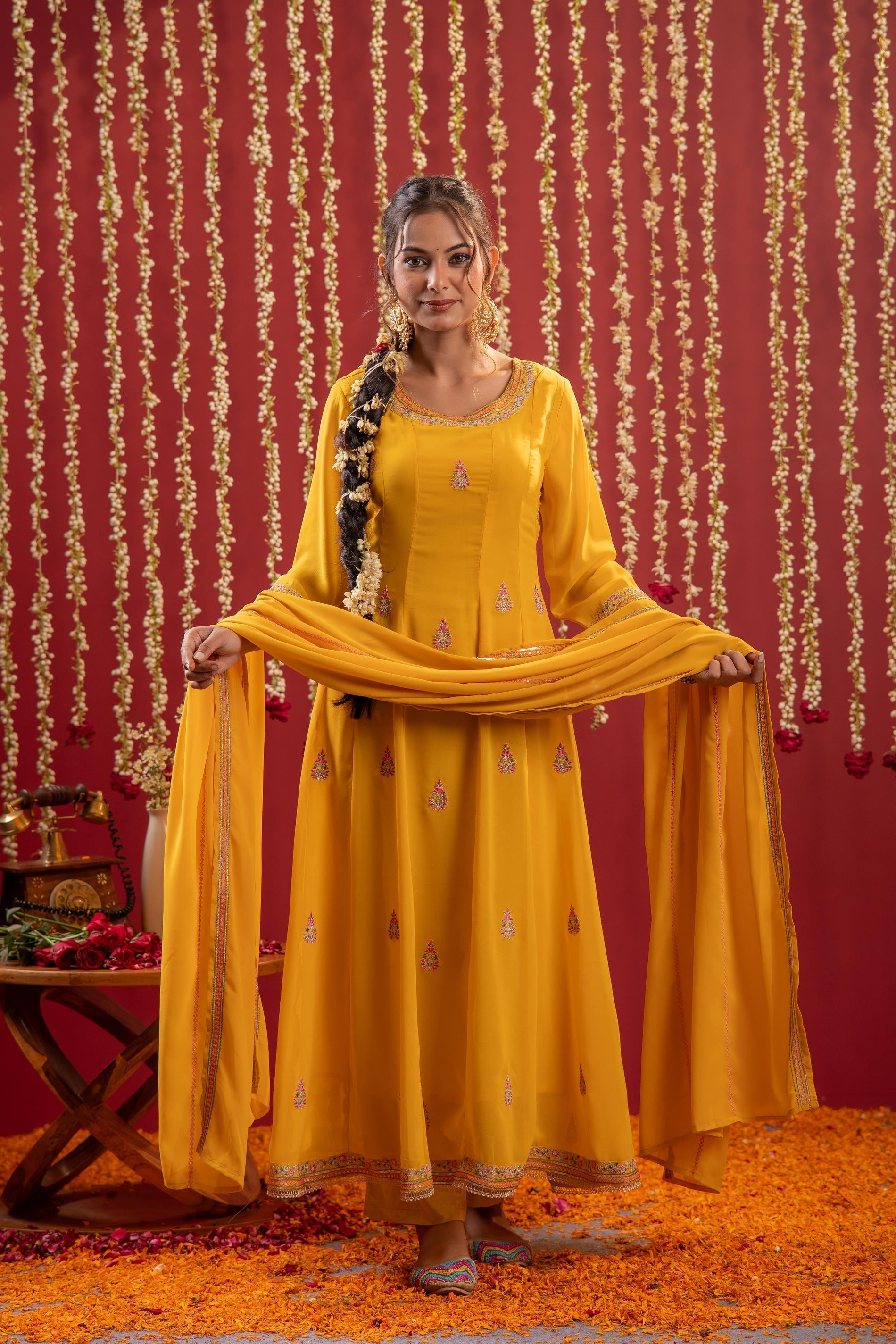 Juniper Mustard Magic Anarkali Kurta Pant And Dupatta Set