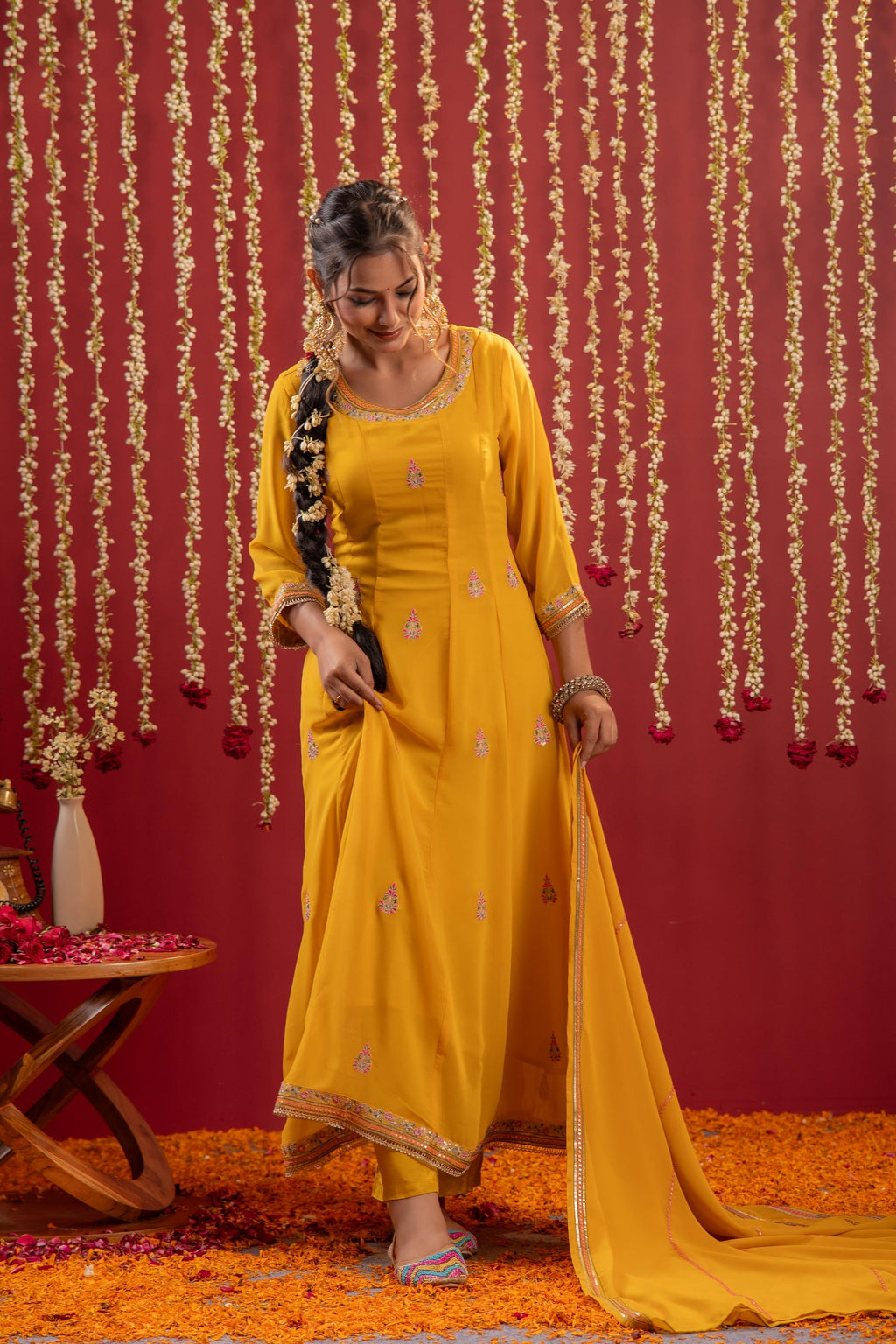 Juniper Mustard Magic Anarkali Kurta Pant And Dupatta Set