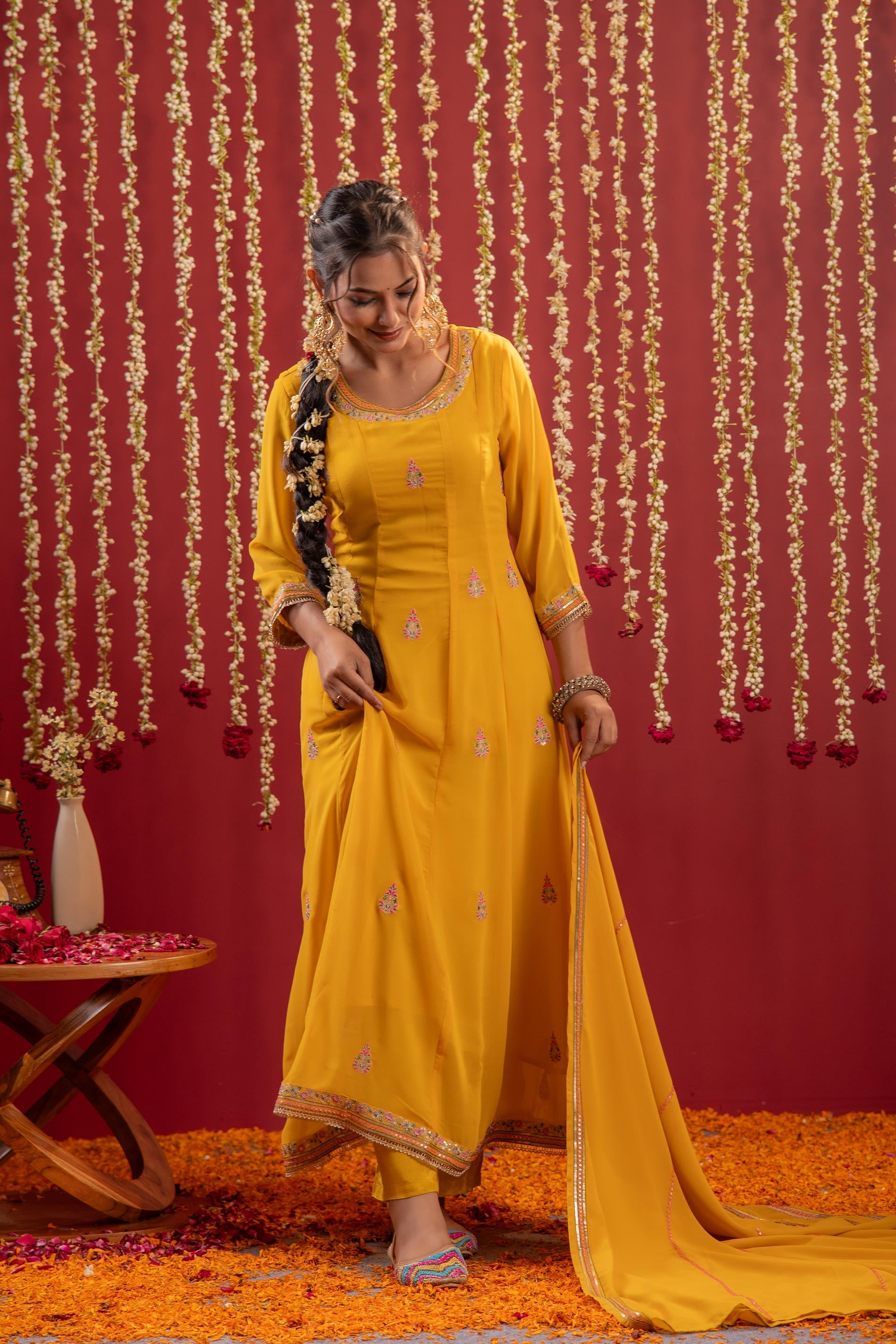Juniper Mustard Magic Anarkali Kurta Pant And Dupatta Set