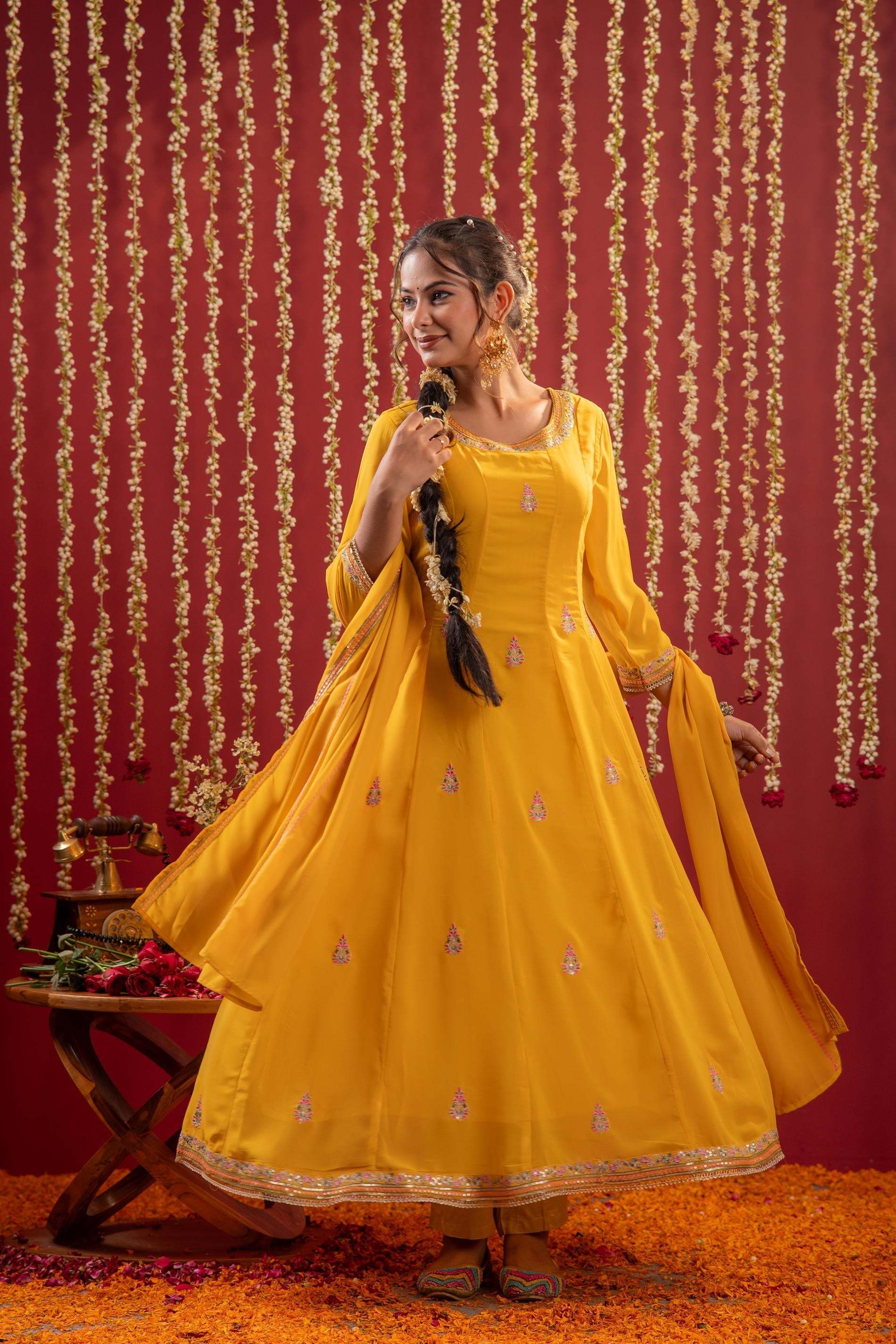 Juniper Mustard Magic Anarkali Kurta Pant And Dupatta Set