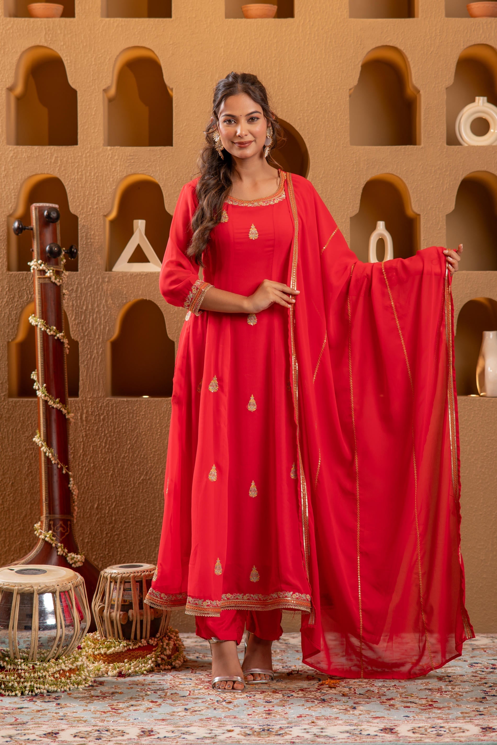 Juniper Red Kurta Pant And Dupatta Set