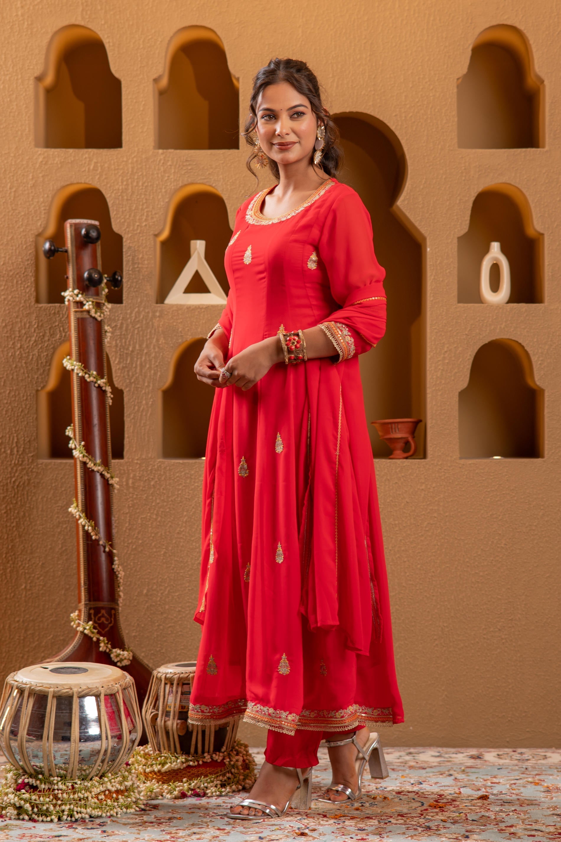 Juniper Red Kurta Pant And Dupatta Set