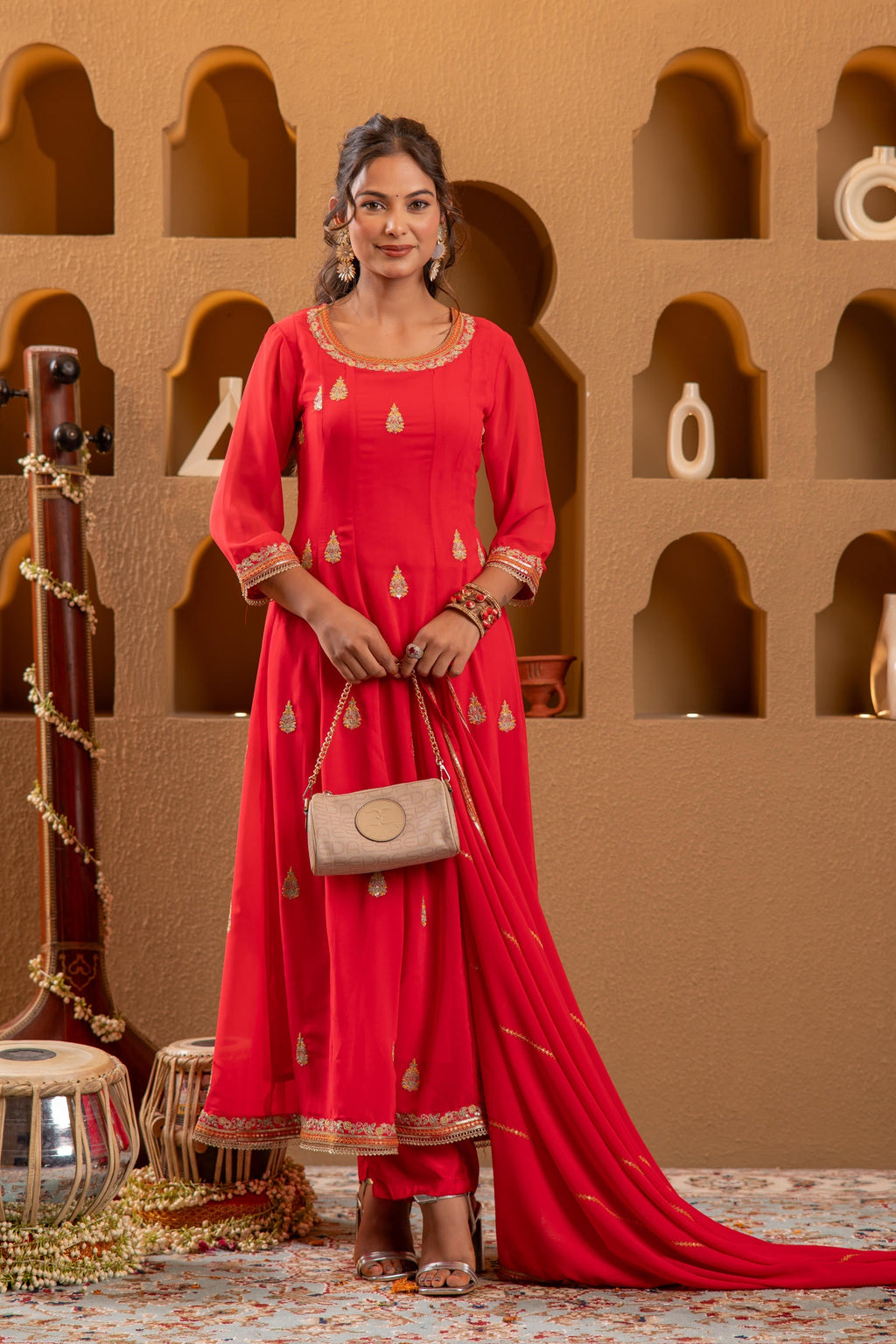 Juniper Red Kurta Pant And Dupatta Set