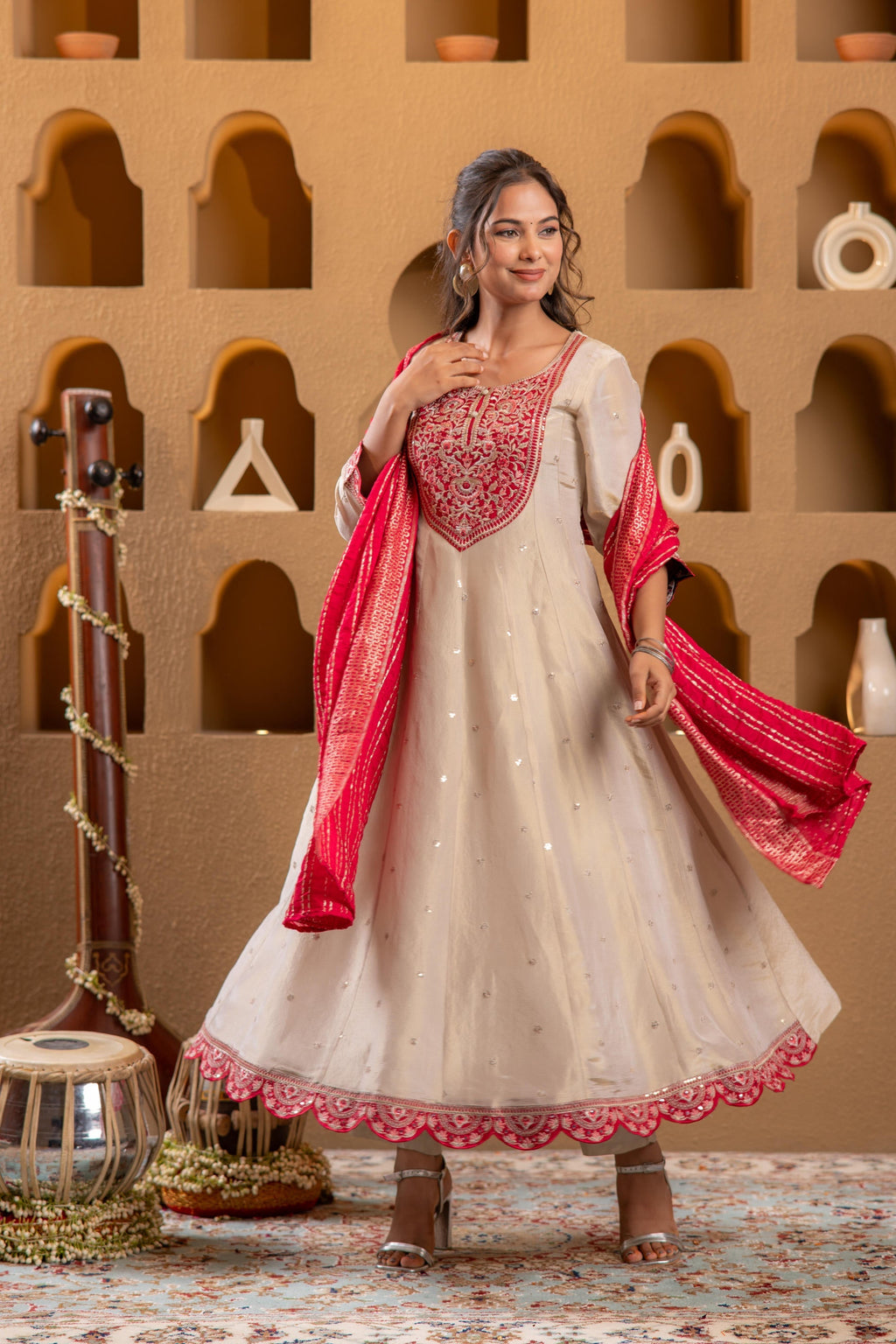 Juniper Ivory Anarkali Kurta Set With Pink Thread Embroidery & Dupatta