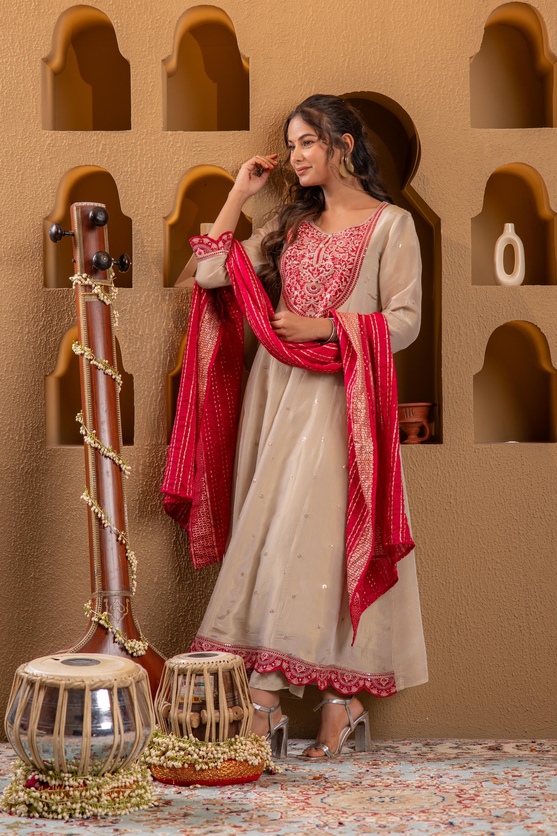 Juniper Ivory Anarkali Kurta Set With Pink Thread Embroidery & Dupatta