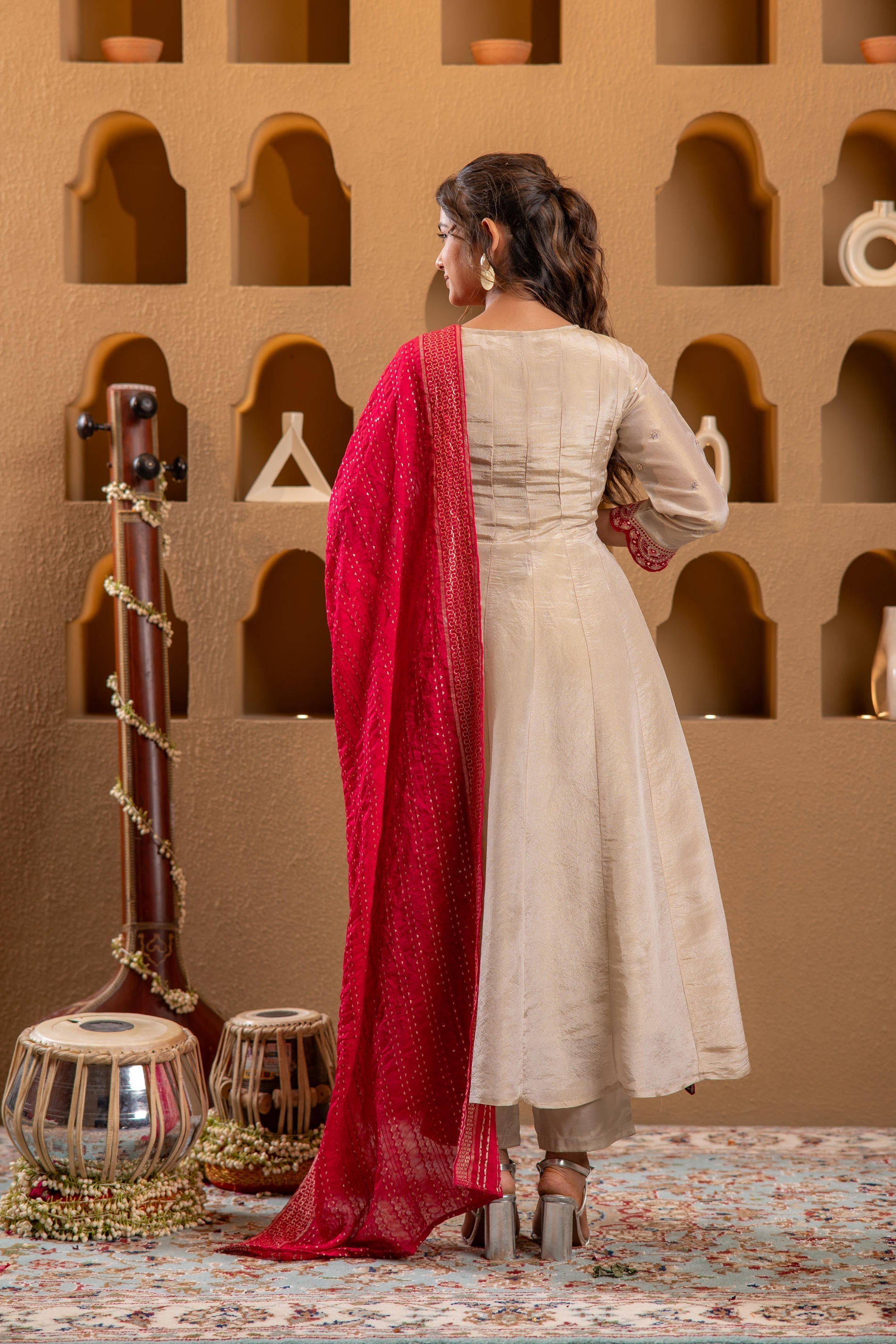Juniper Ivory Anarkali Kurta Set With Pink Thread Embroidery & Dupatta