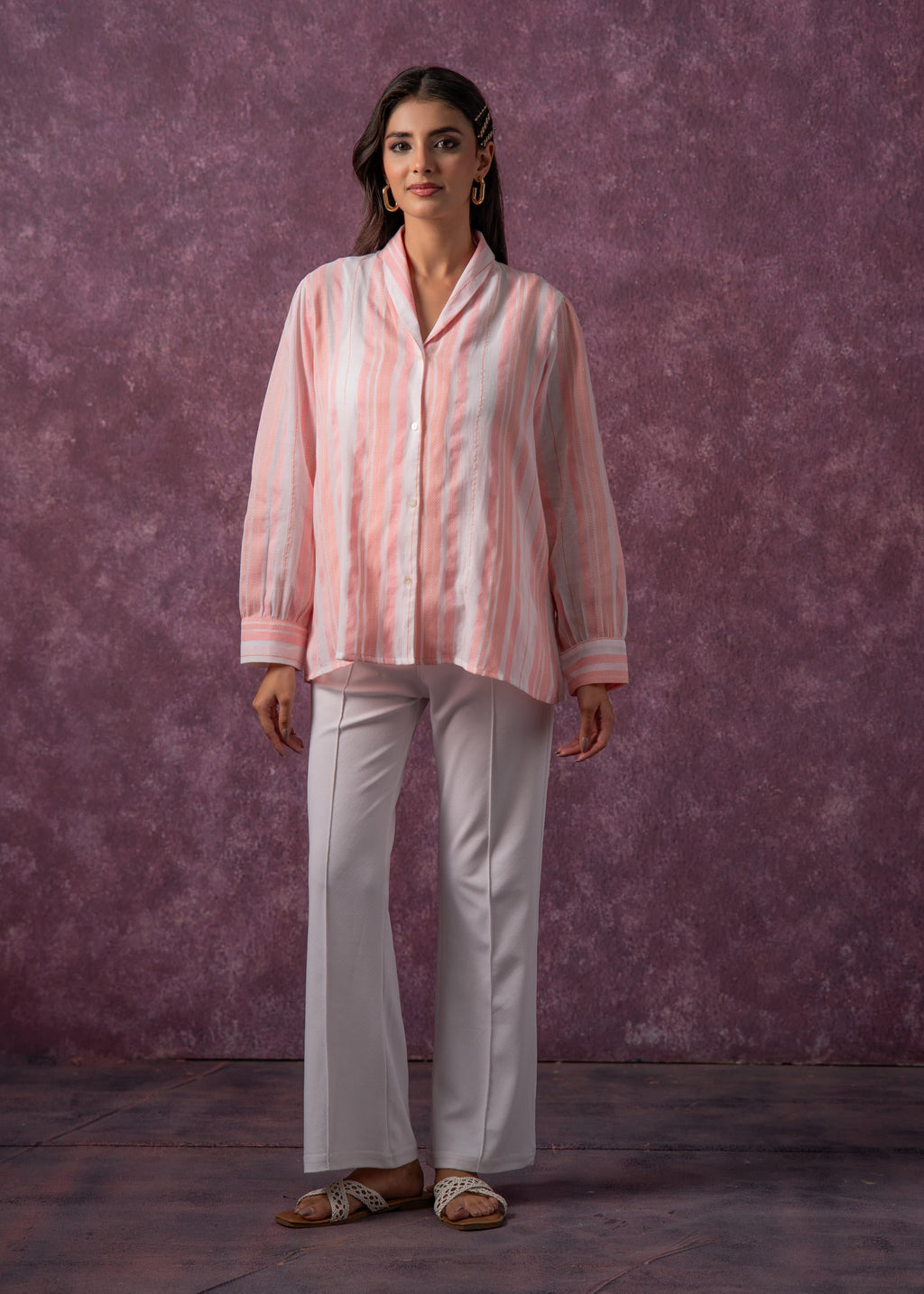 Juniper Lamora Peach & White Vertical Striped Relaxed-Fit Button-Down Shirt