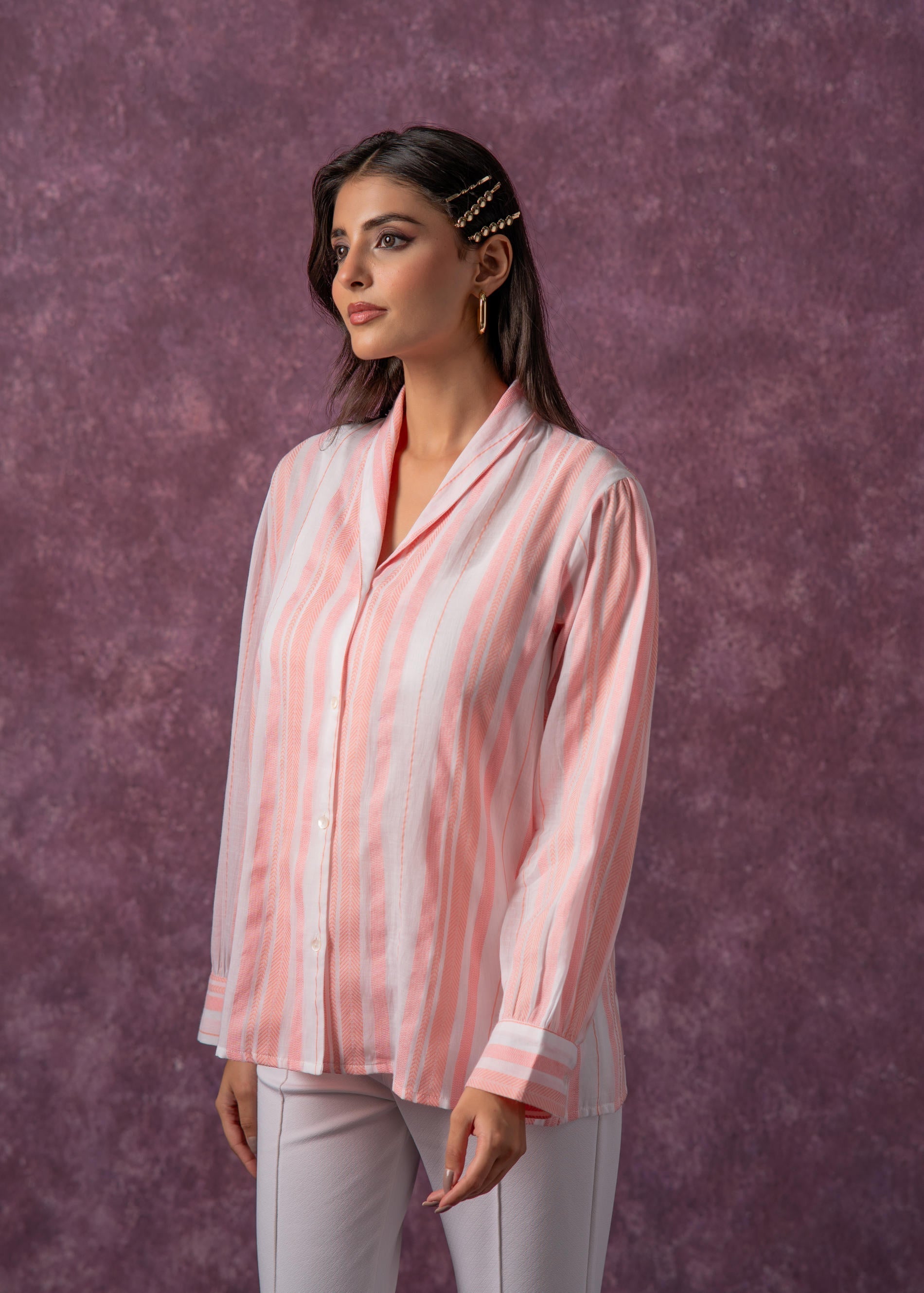 Juniper Lamora Peach & White Vertical Striped Relaxed-Fit Button-Down Shirt