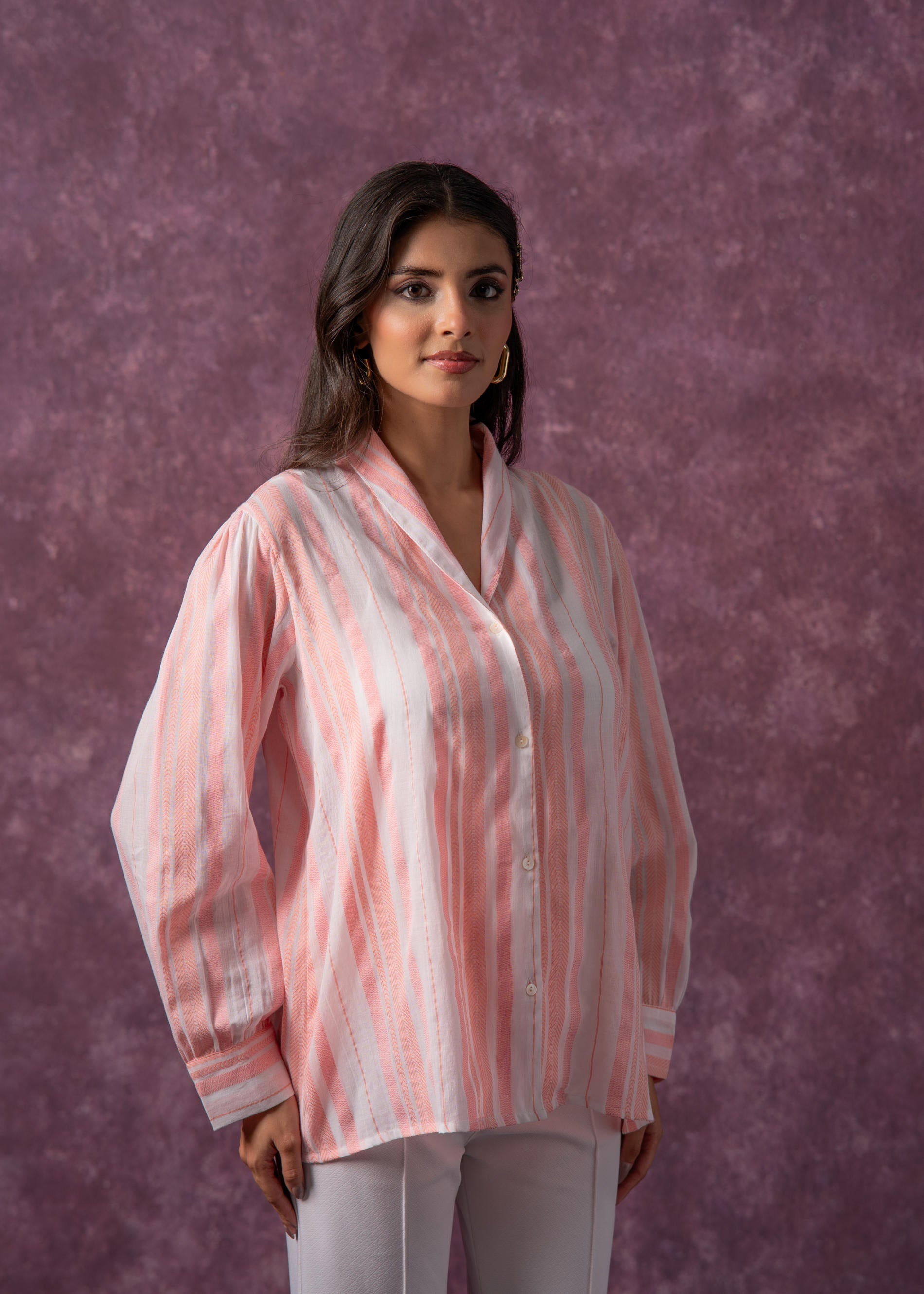 Juniper Lamora Peach & White Vertical Striped Relaxed-Fit Button-Down Shirt