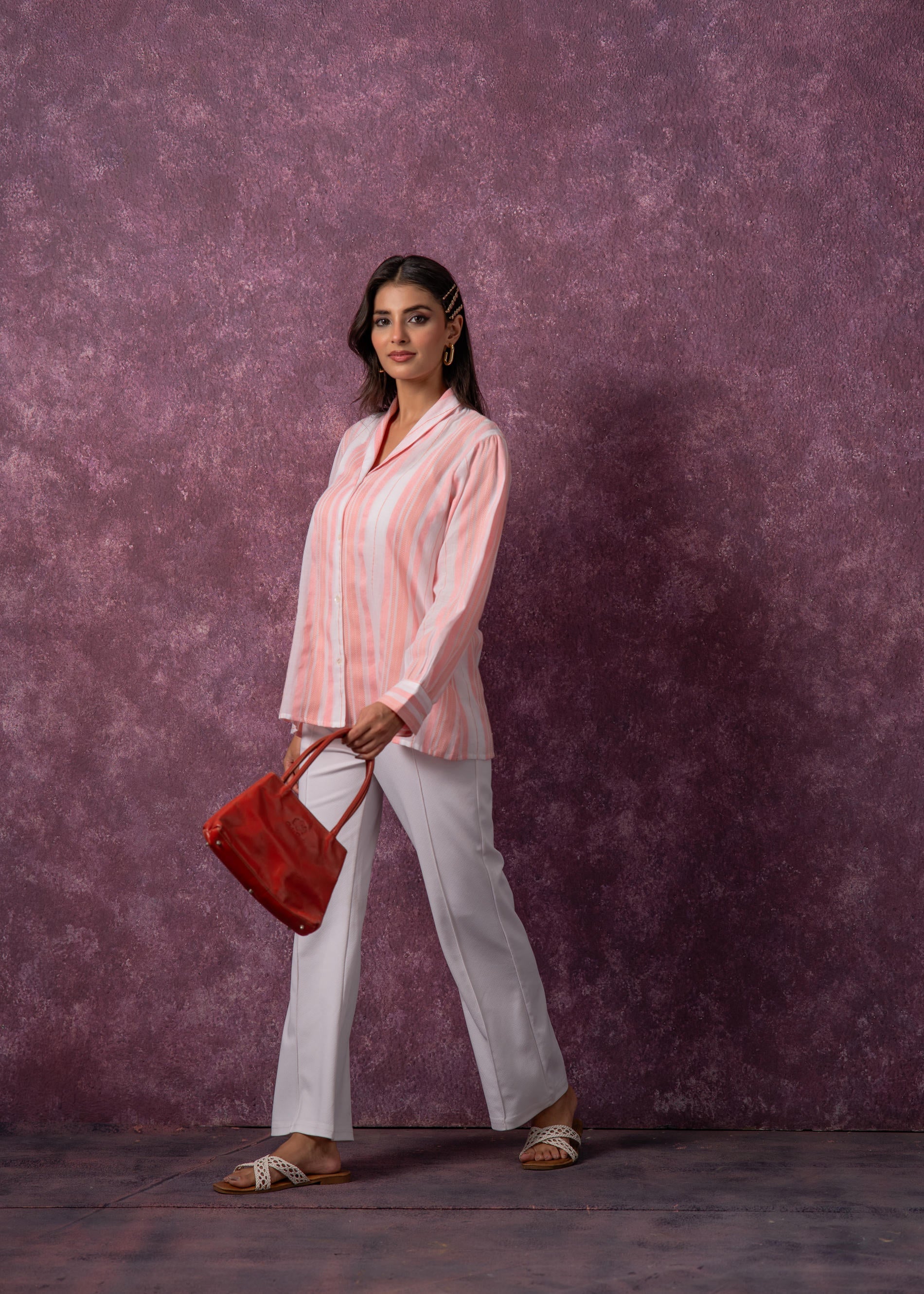 Juniper Lamora Peach & White Vertical Striped Relaxed-Fit Button-Down Shirt