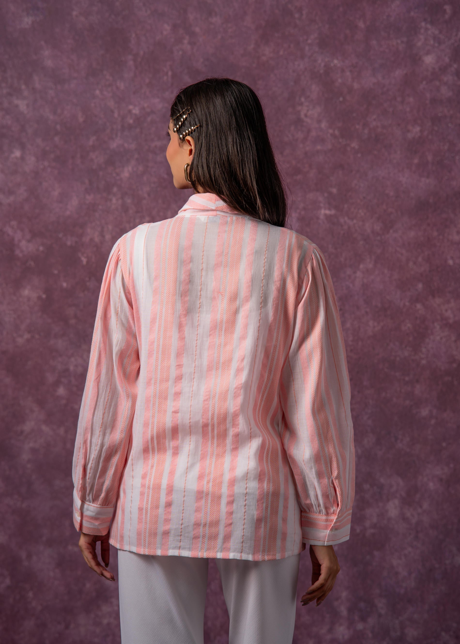 Juniper Lamora Peach & White Vertical Striped Relaxed-Fit Button-Down Shirt
