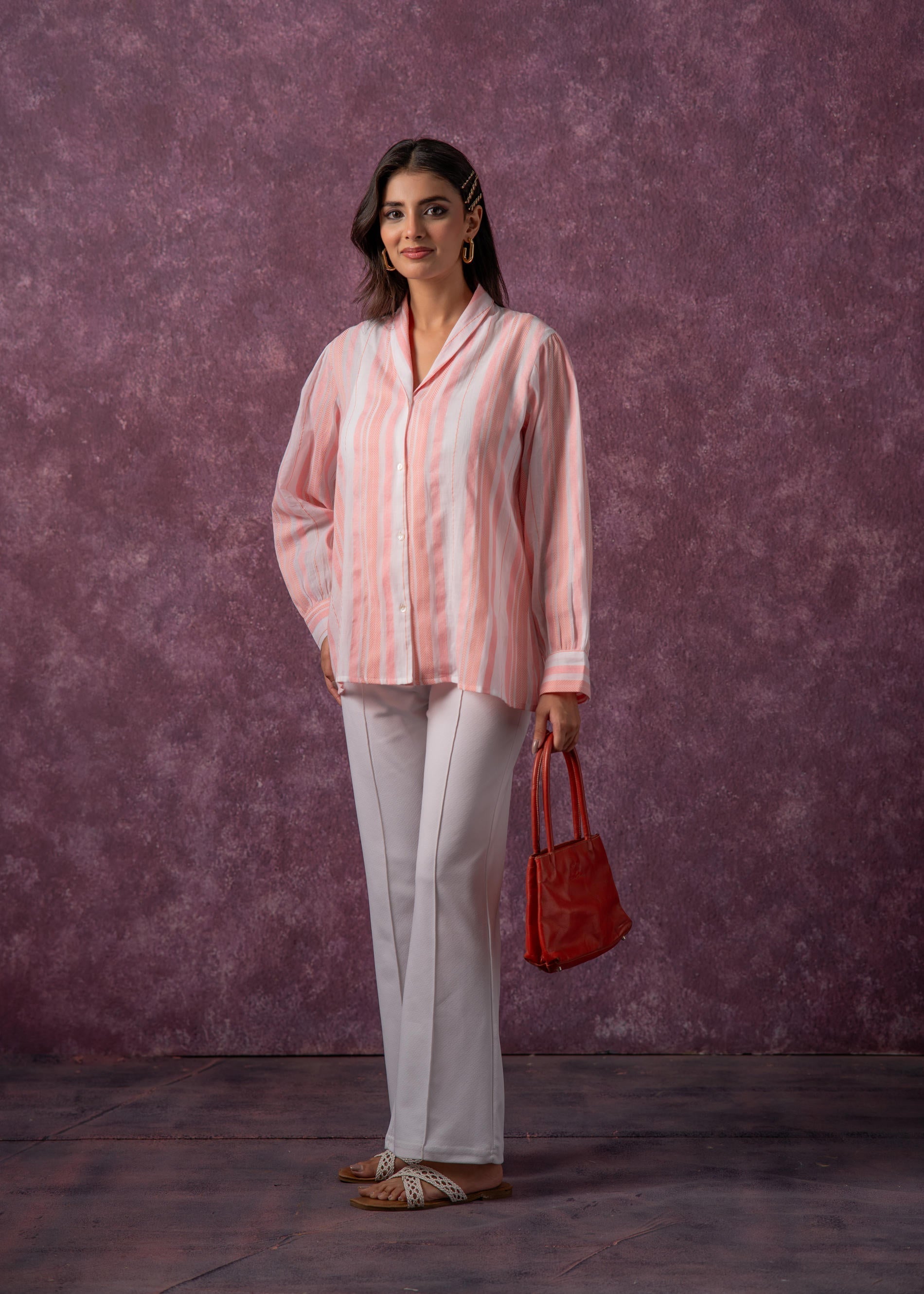 Juniper Lamora Peach & White Vertical Striped Relaxed-Fit Button-Down Shirt