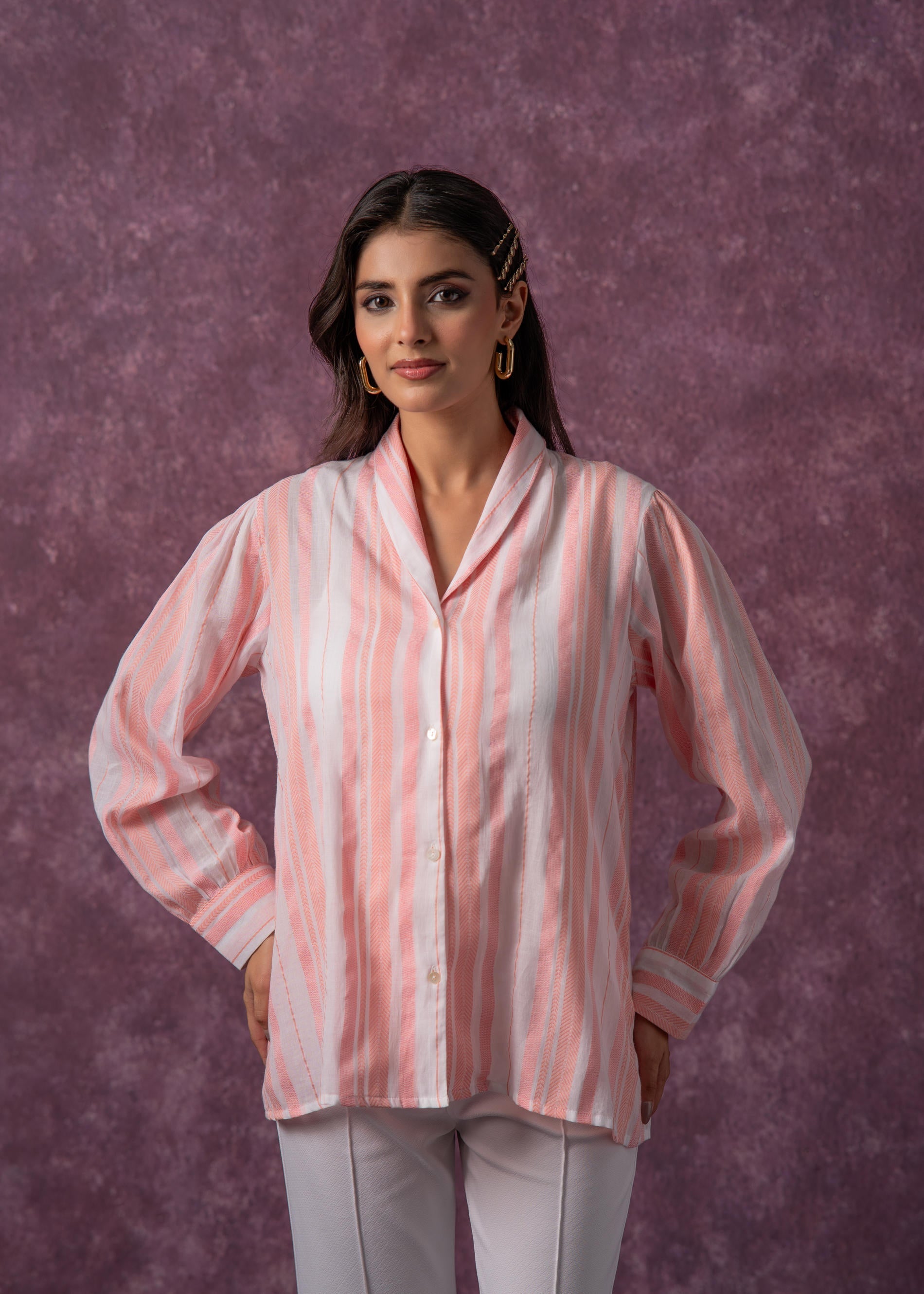 Juniper Lamora Peach & White Vertical Striped Relaxed-Fit Button-Down Shirt