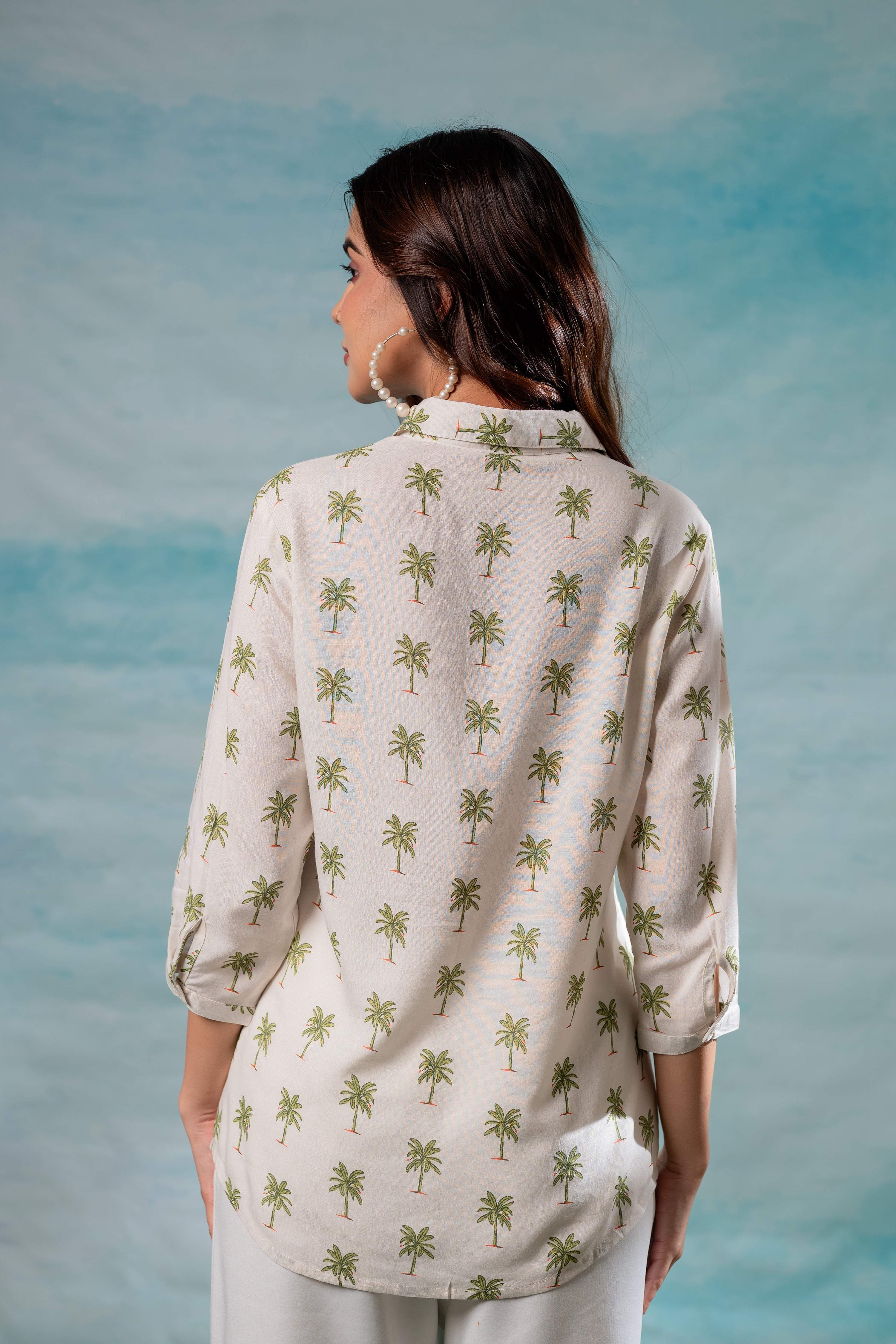 Juniper Lamora Off-White Palm Tree Printed Relaxed Fit Shirt