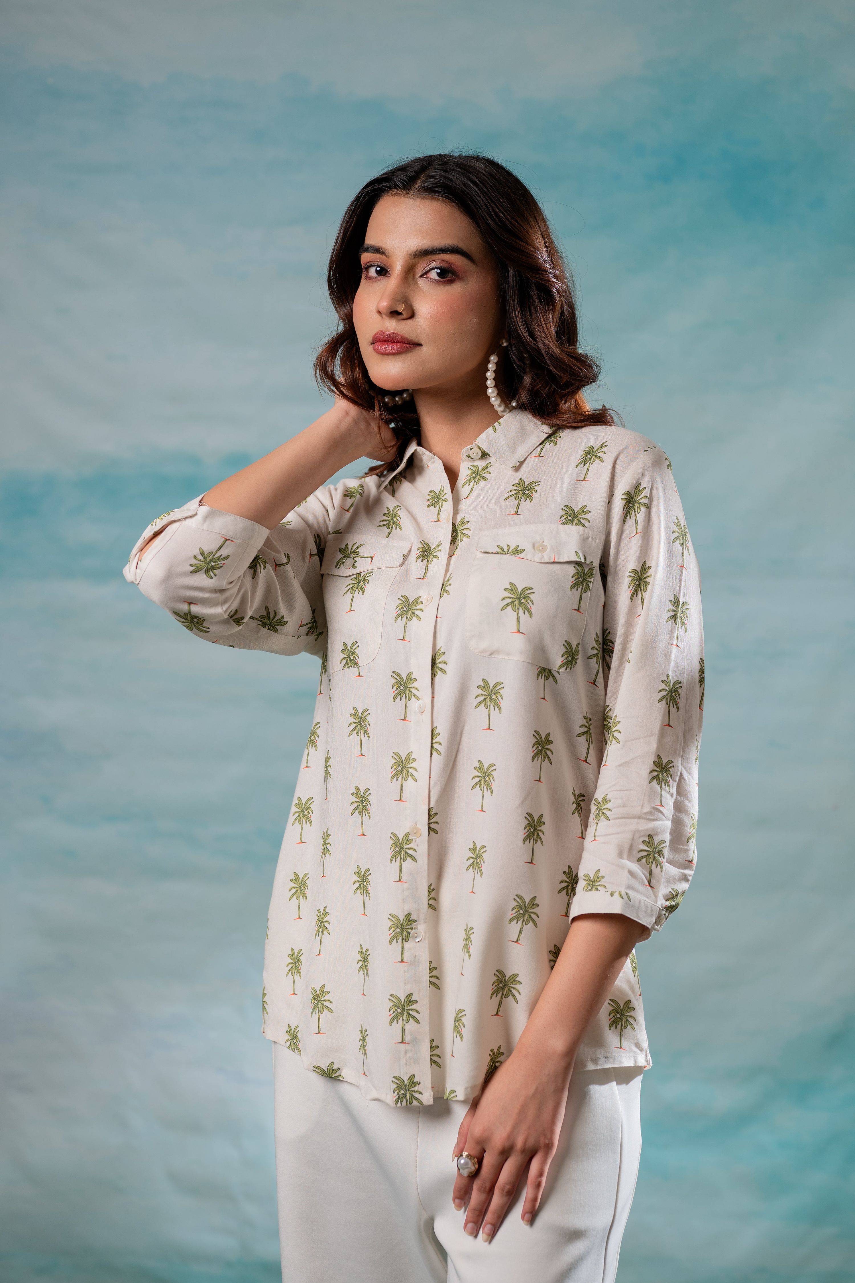 Juniper Lamora Off-White Palm Tree Printed Relaxed Fit Shirt
