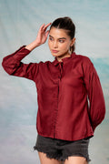 Juniper Lamora Maroon Textured High-Neck Pleated Sleeve Shirt