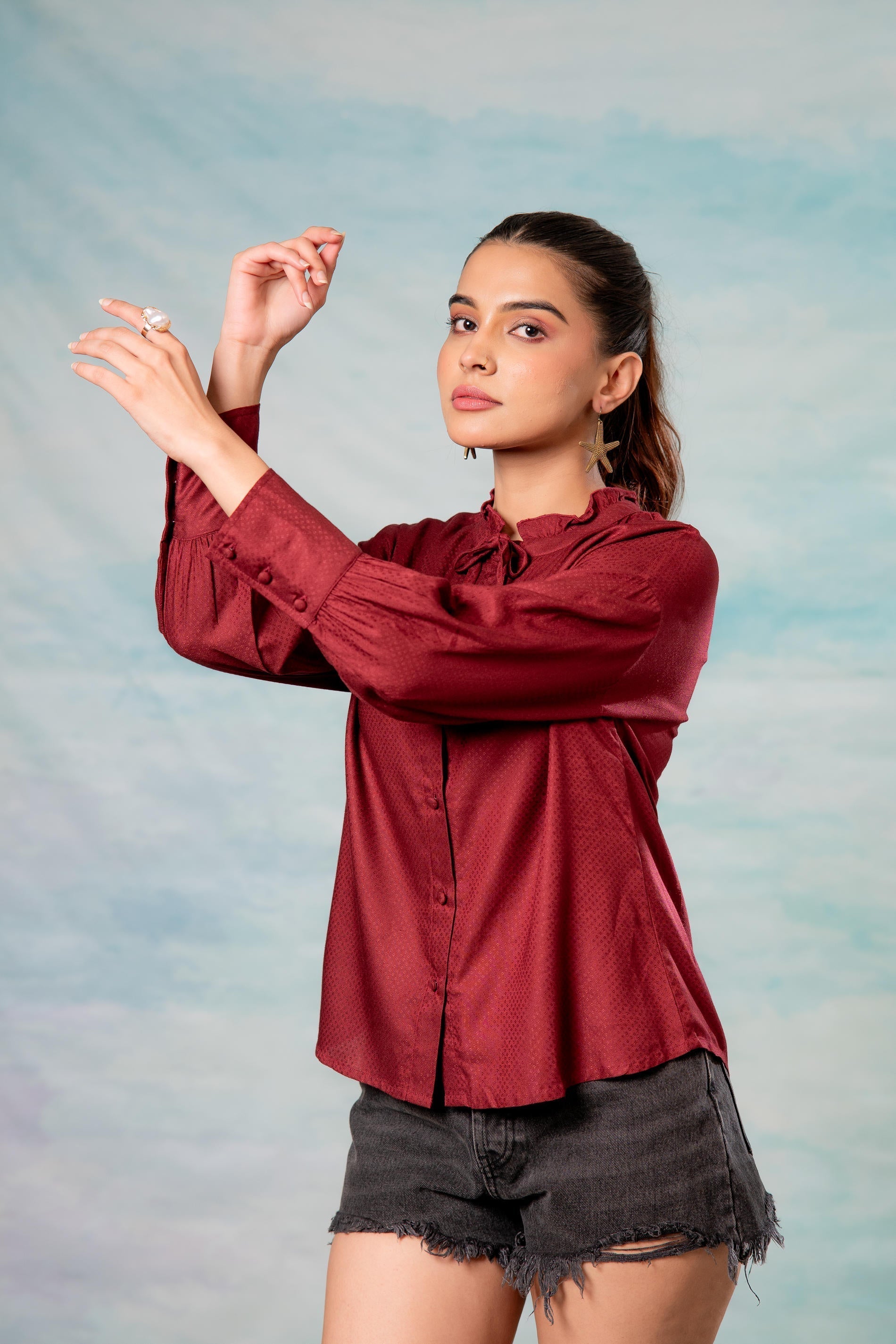 Juniper Lamora Maroon Textured High-Neck Pleated Sleeve Shirt