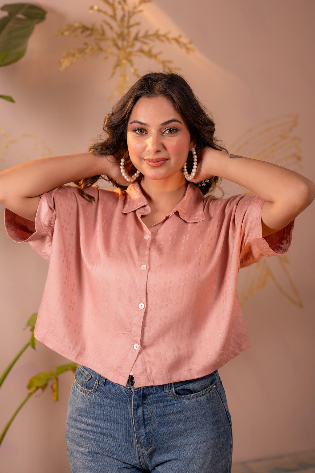 Juniper Lamora Rose Gold Textured Casual Shirt Top