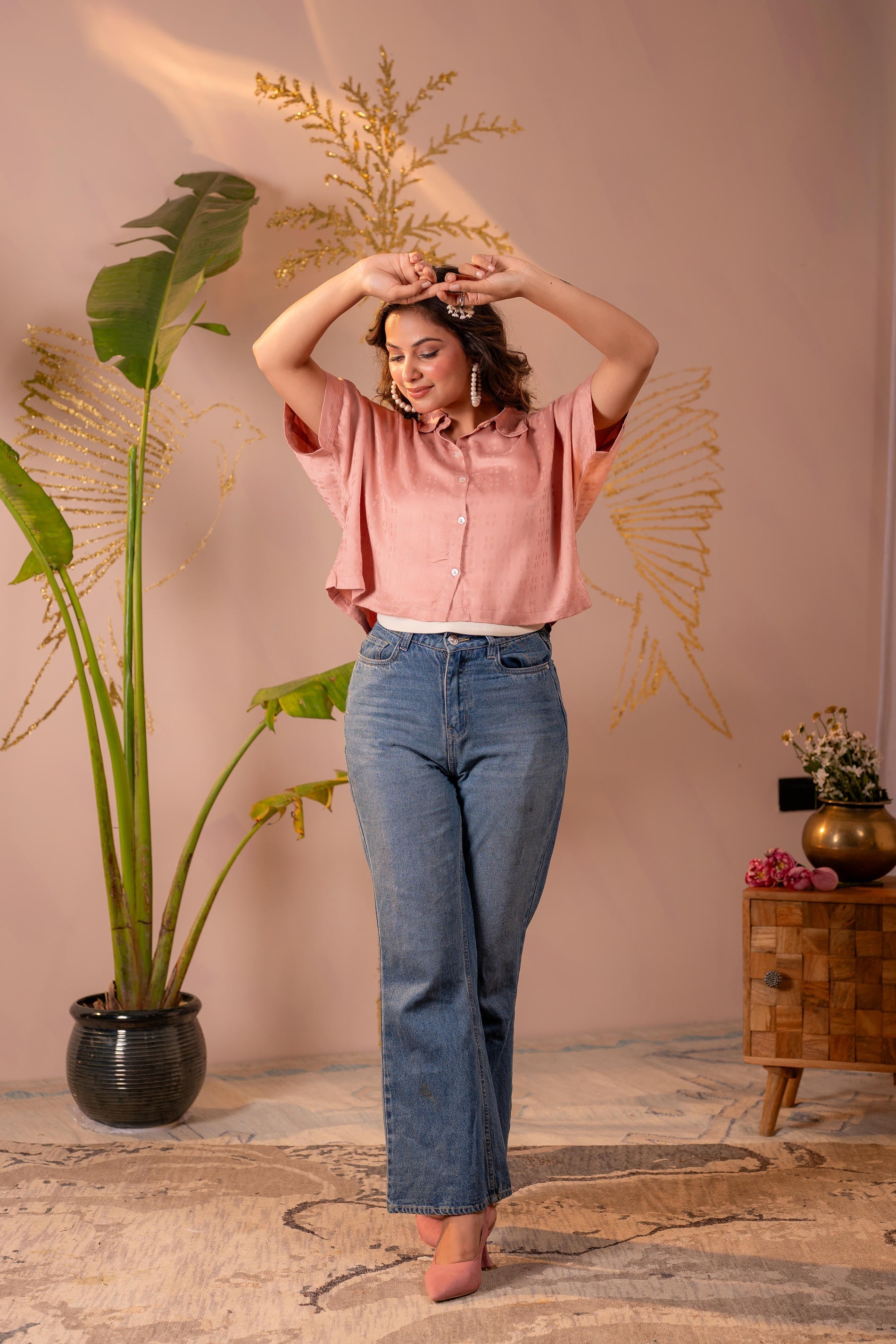 Juniper Lamora Rose Gold Textured Casual Shirt Top