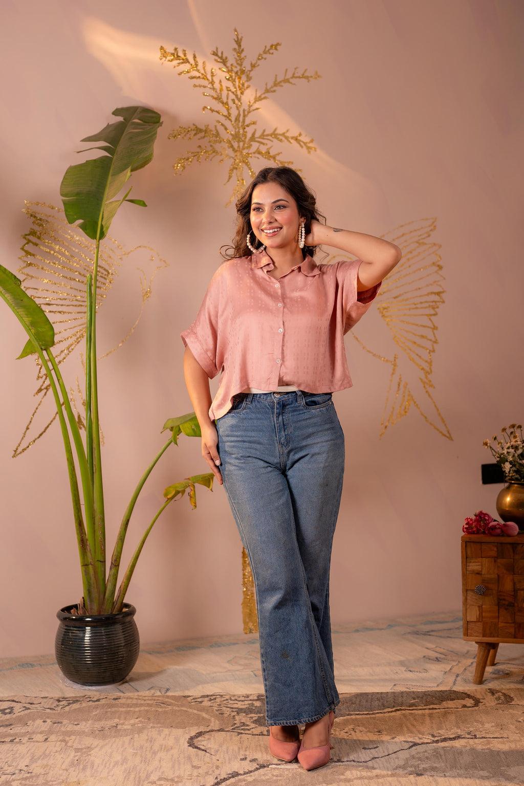 Juniper Lamora Rose Gold Textured Casual Shirt Top