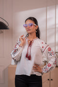 Juniper Lamora Off-White Boho Folk Peasant Top With Tassel Tie-Up Neck