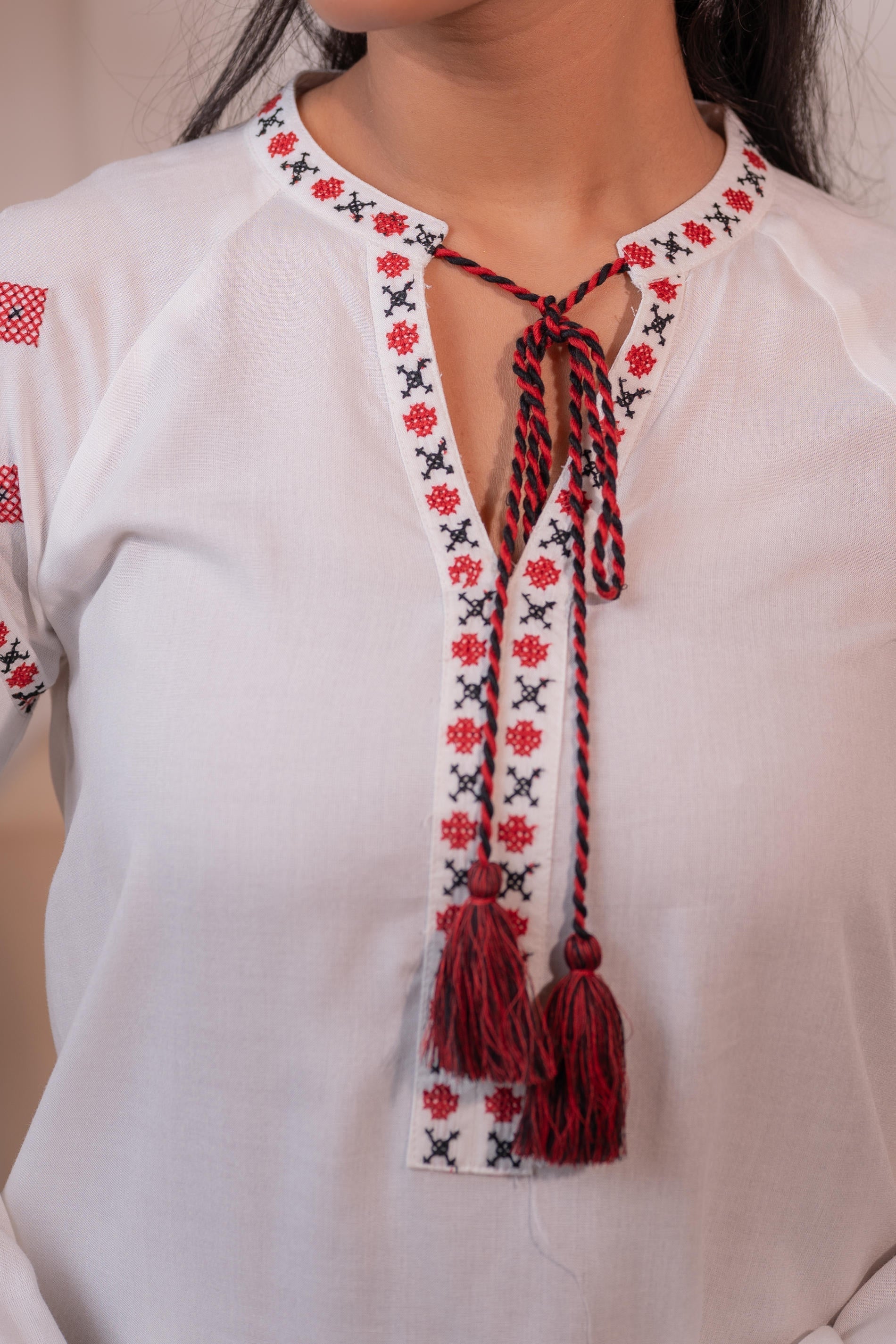 Juniper Lamora Off-White Boho Folk Peasant Top With Tassel Tie-Up Neck