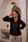 Juniper Lamora Black Boho Embroidered Tunic With Geometric Red Motifs