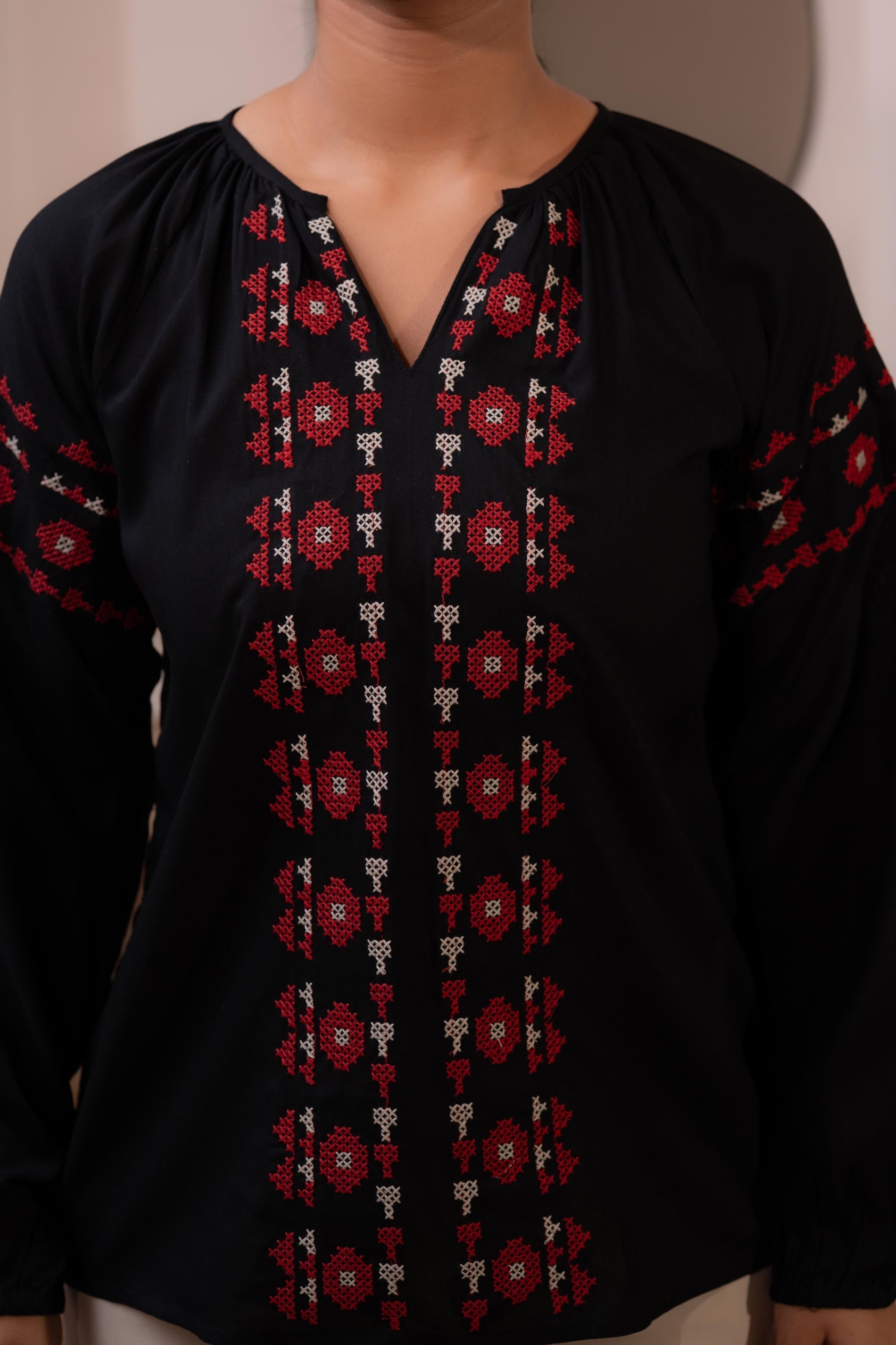 Juniper Lamora Black Boho Embroidered Tunic With Geometric Red Motifs